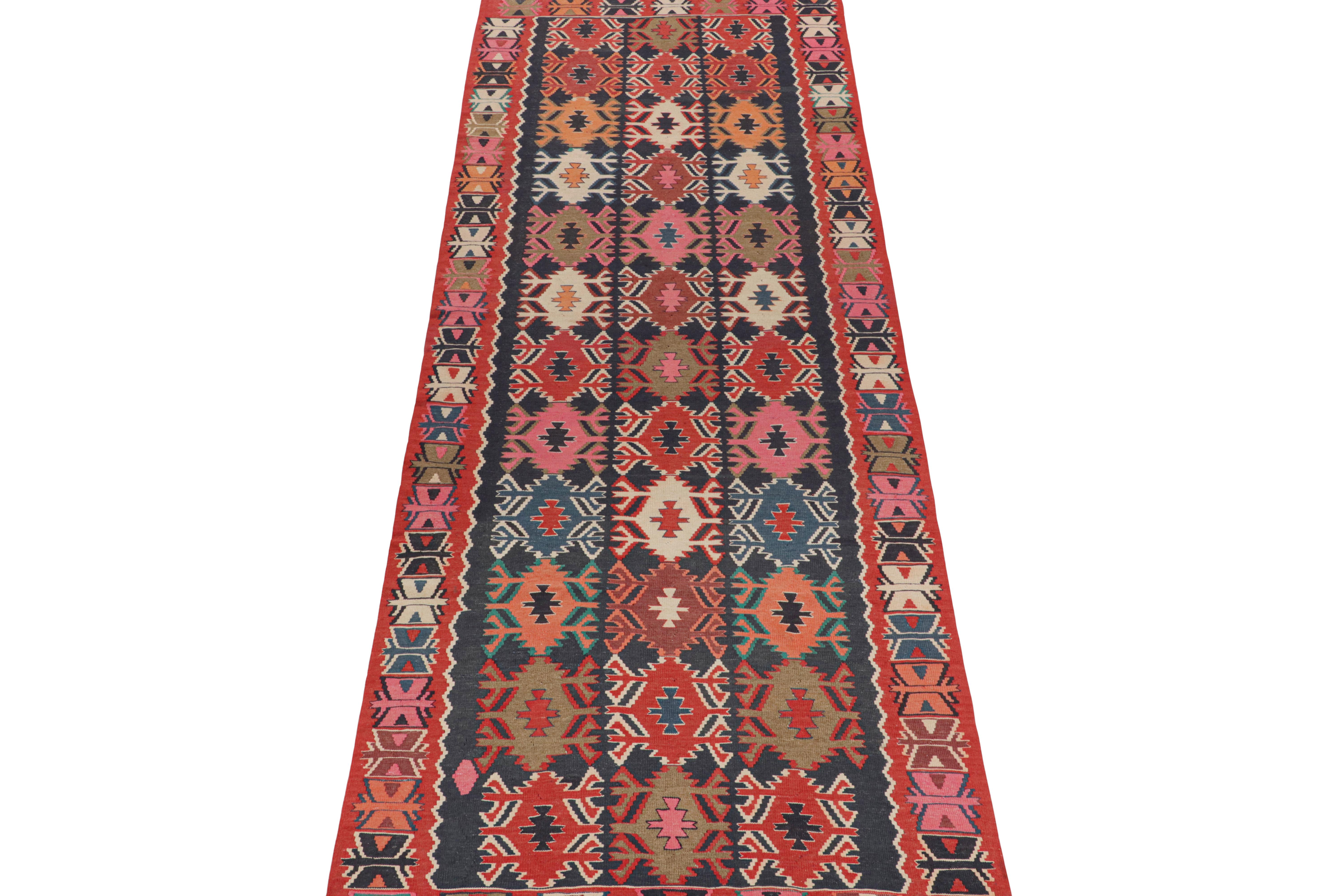 This vintage 5x13 Persian Kilim is a tribal rug believed to hail from Meshkin—a small northwestern village known for its fabulous works. Handwoven in wool, it originates circa 1950-1960.

Further on the Design:

The bold design prefers medallions in