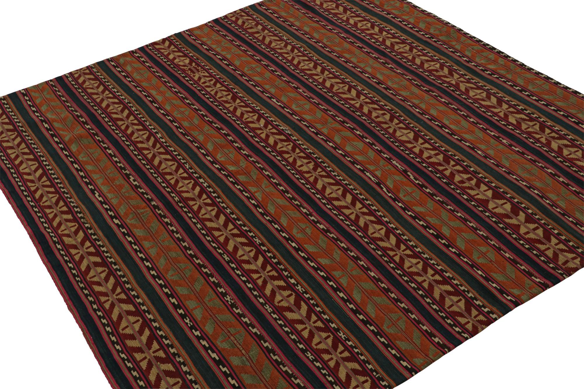 This vintage 6x6 tribal Kilim is a new addition to Rug & Kilim’s mid-century curations. Handwoven in wool, it originates from Afghanistan circa 1950-1960.

On the Design: 

This square flat weave enjoys tribal geometric patterns and stripes in