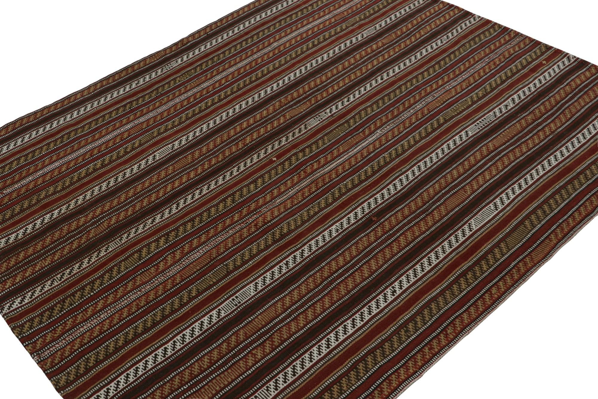 This vintage 5x6 tribal Kilim is a new addition to Rug & Kilim’s mid-century curations. Handwoven in wool, it originates from Afghanistan circa 1950-1960.

On the Design: 

This palas style flat weave boasts a union of tribal patterns and stripes in