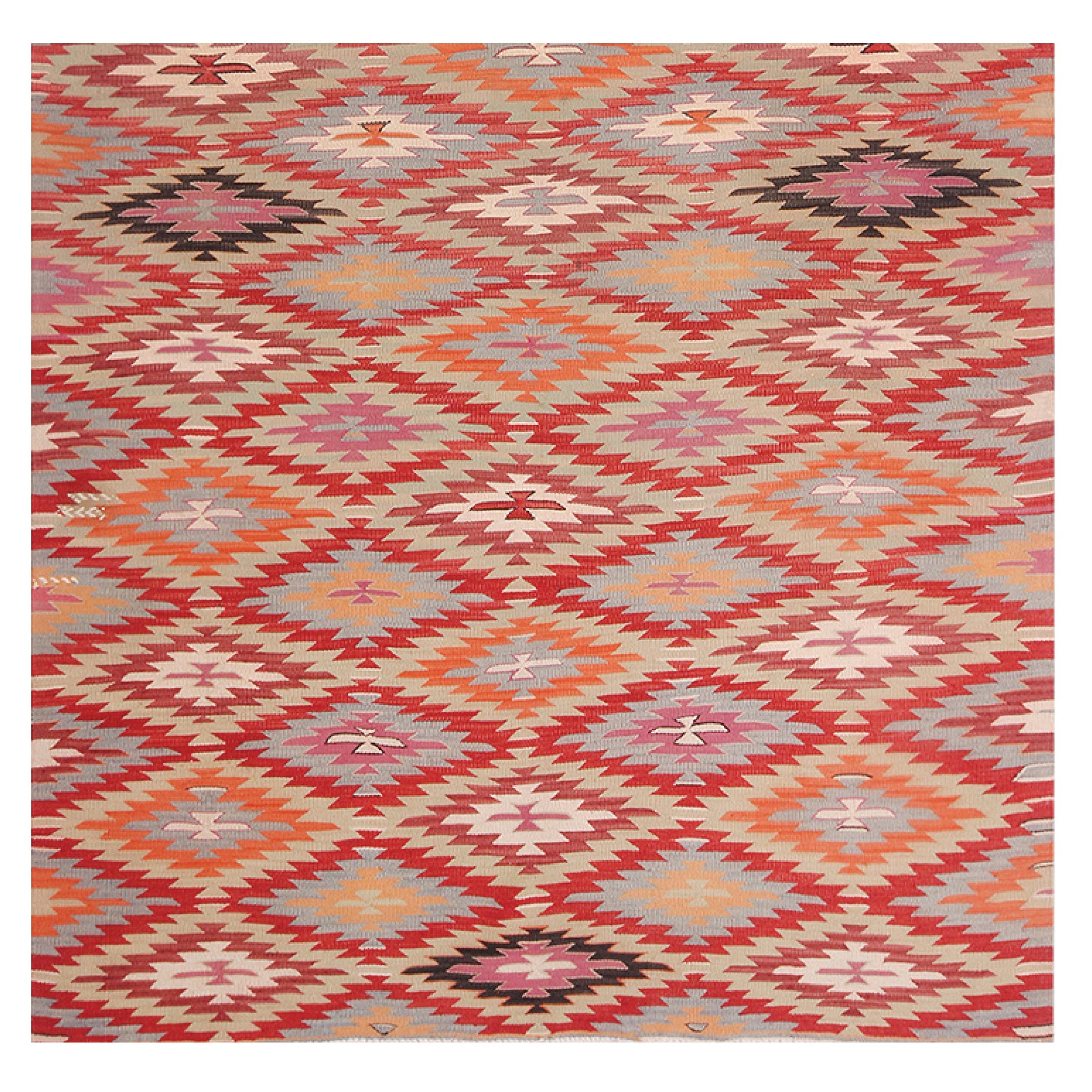 Tapis vintage Rug & Kilim à motifs géométriques rouges, orange et bleus en vente