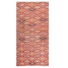 Stammeskunst-Kelim-Teppich in Rot, Orange und Blau mit geometrischen Mustern