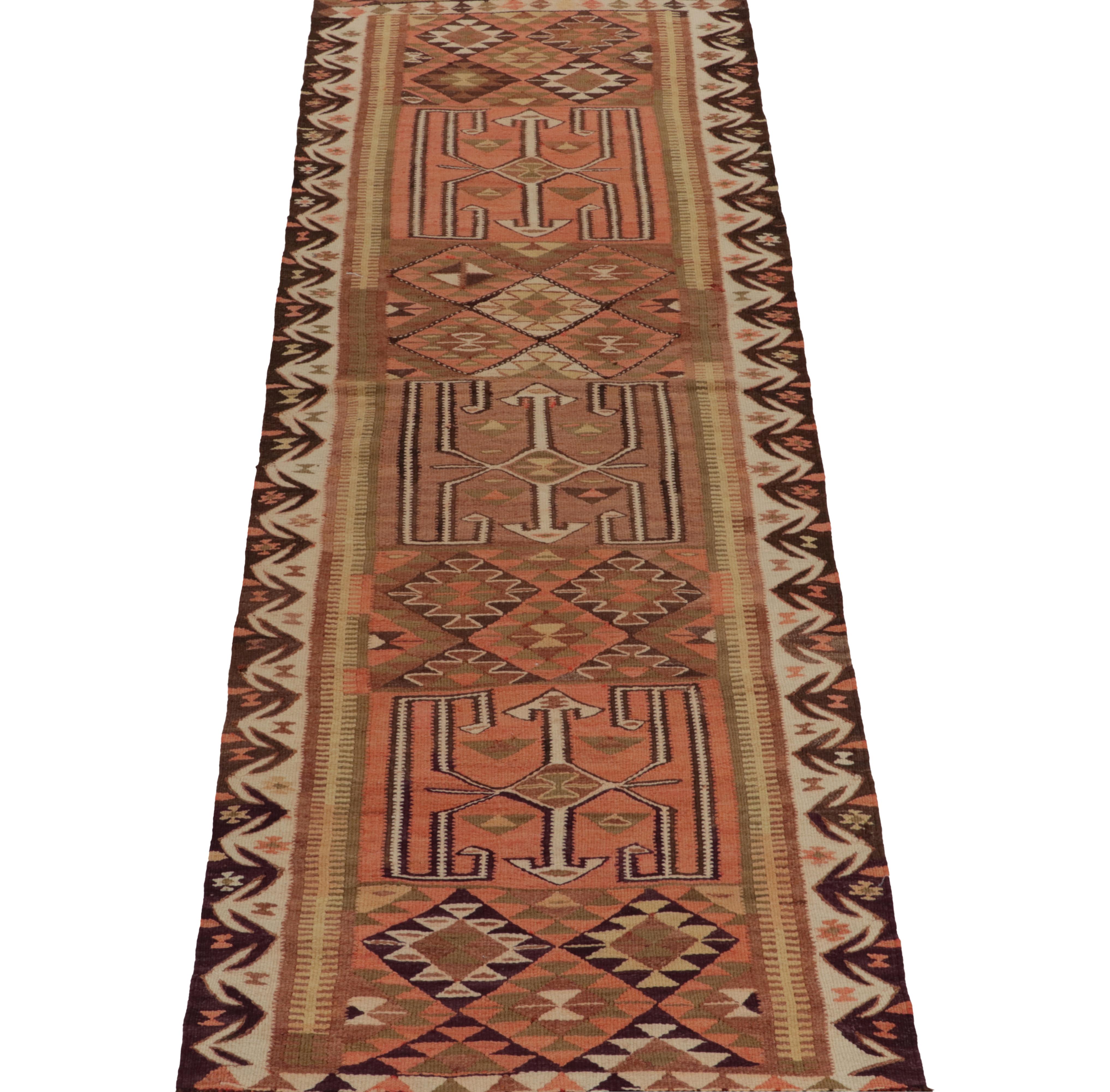 Turkish Vintage Tribal Kilim Runner in Beige-Brown Geometric Pattern by Rug & Kilim For Sale