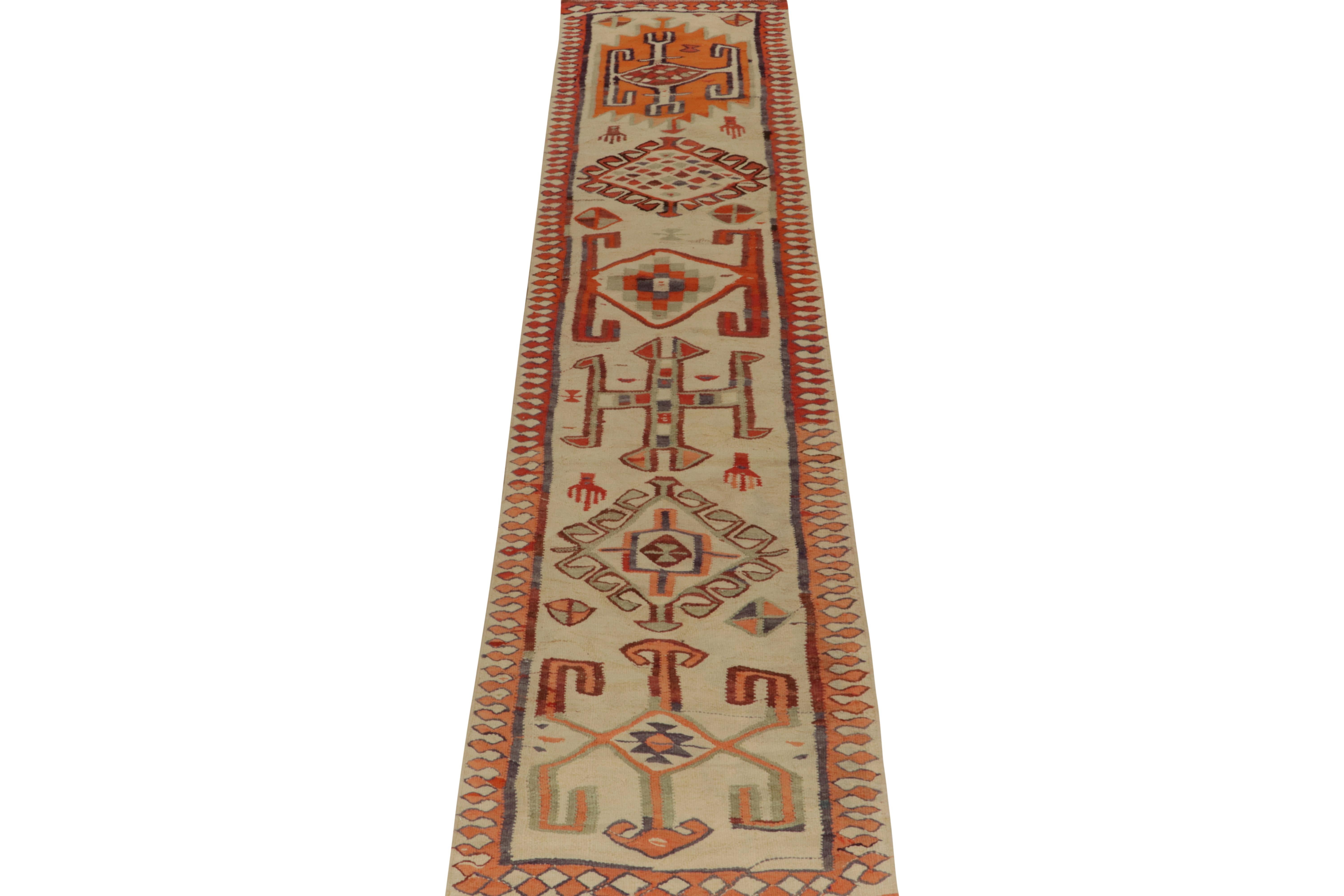 Turkish Vintage Tribal Kilim Runner in Beige, Red and Geometric Pattern by Rug & Kilim For Sale
