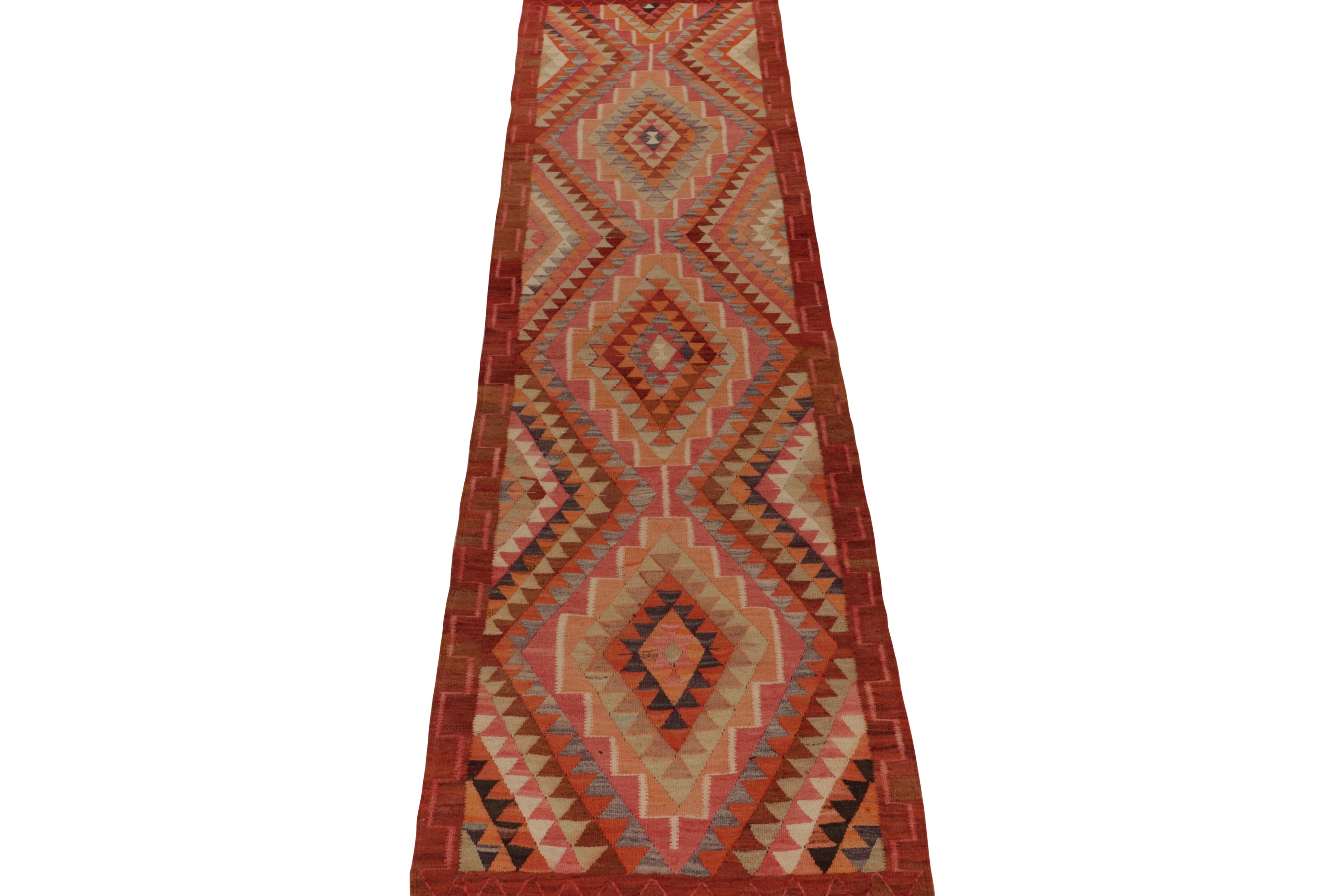 Turkish Vintage Tribal Kilim Runner in Red Brown Orange Geometric Pattern by Rug & Kilim For Sale