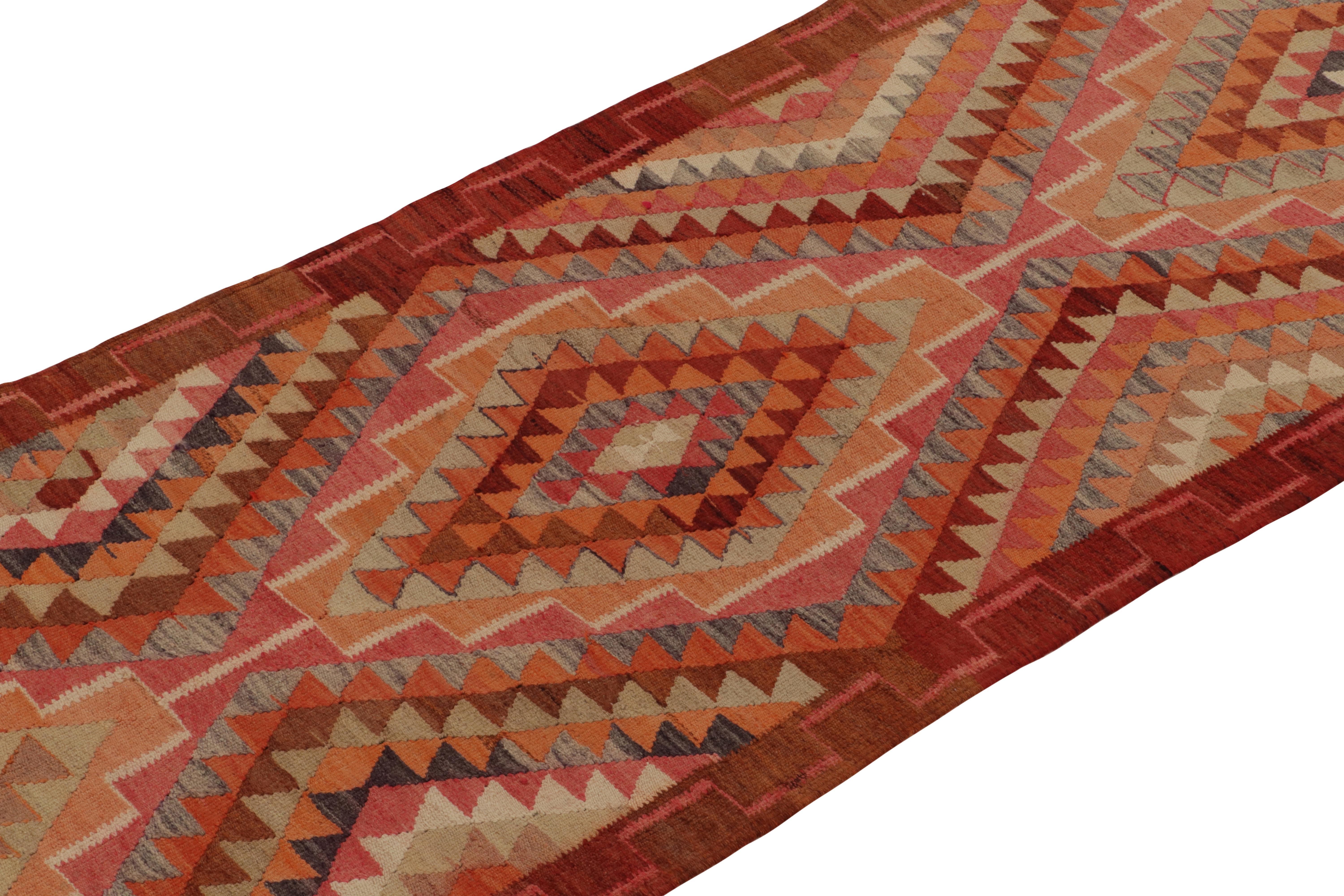 Hand-Knotted Vintage Tribal Kilim Runner in Red Brown Orange Geometric Pattern by Rug & Kilim For Sale