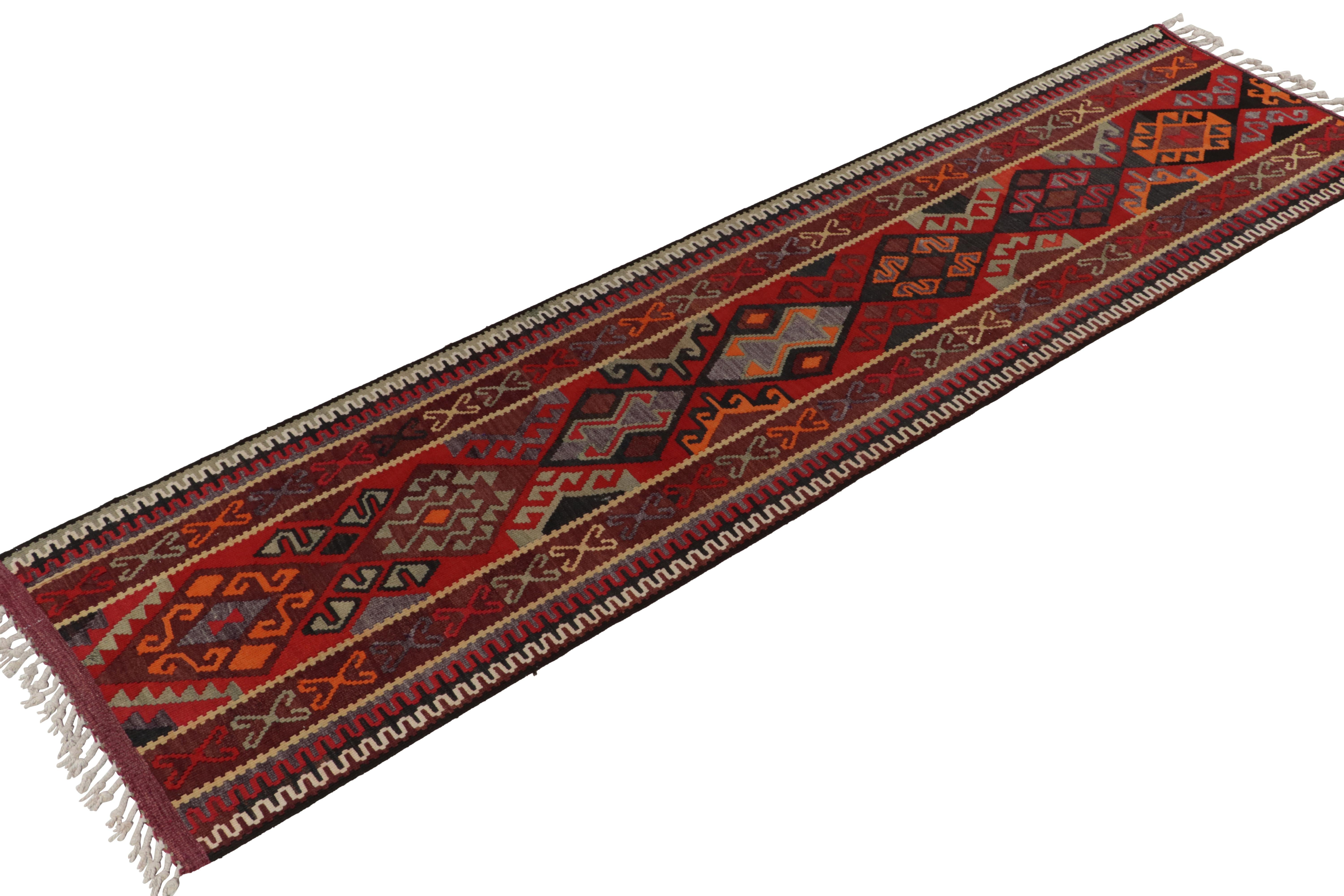 From Rug & Kilim Principal Josh Nazmiyal’s latest acquisitions, a vibrant 3x13 vintage kilim runner originating from Turkey circa 1950-1960. 

On the Design: The geometric medallion pattern with latch hook extensions enjoys a scintillating