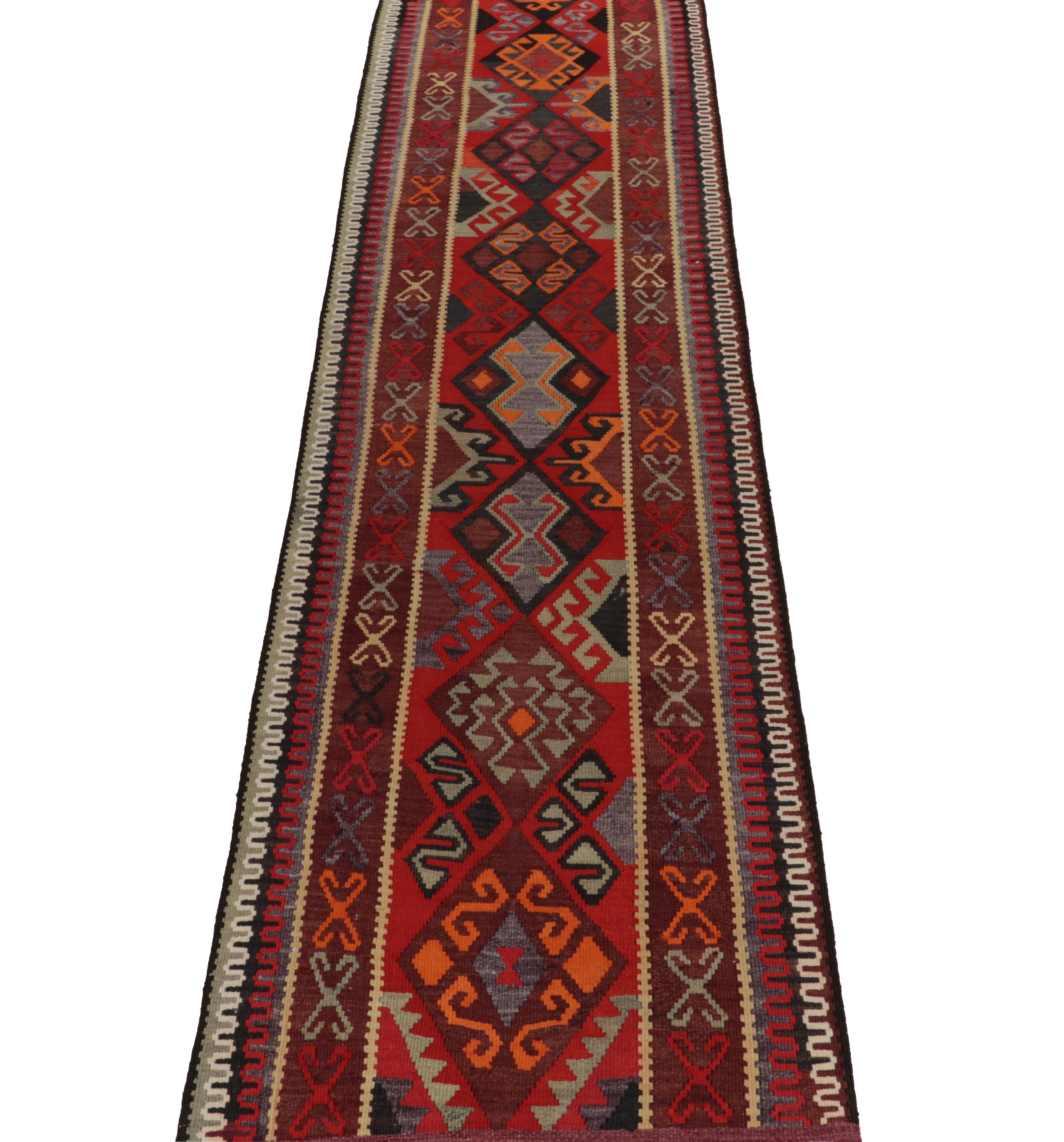 Turkish Vintage Tribal Kilim Runner in Red, Brown Geometric Pattern by Rug & Kilim For Sale