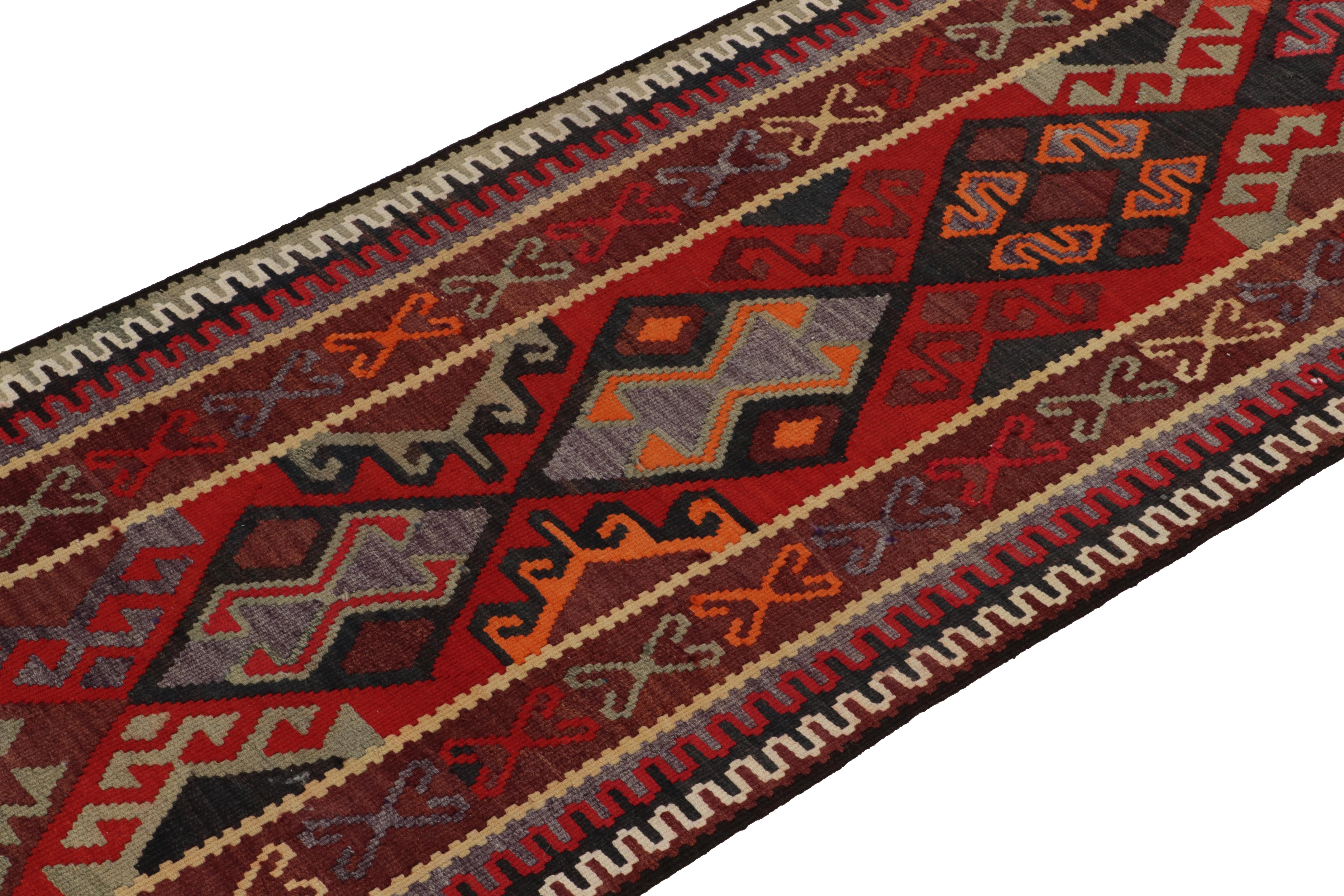 Hand-Knotted Vintage Tribal Kilim Runner in Red, Brown Geometric Pattern by Rug & Kilim For Sale