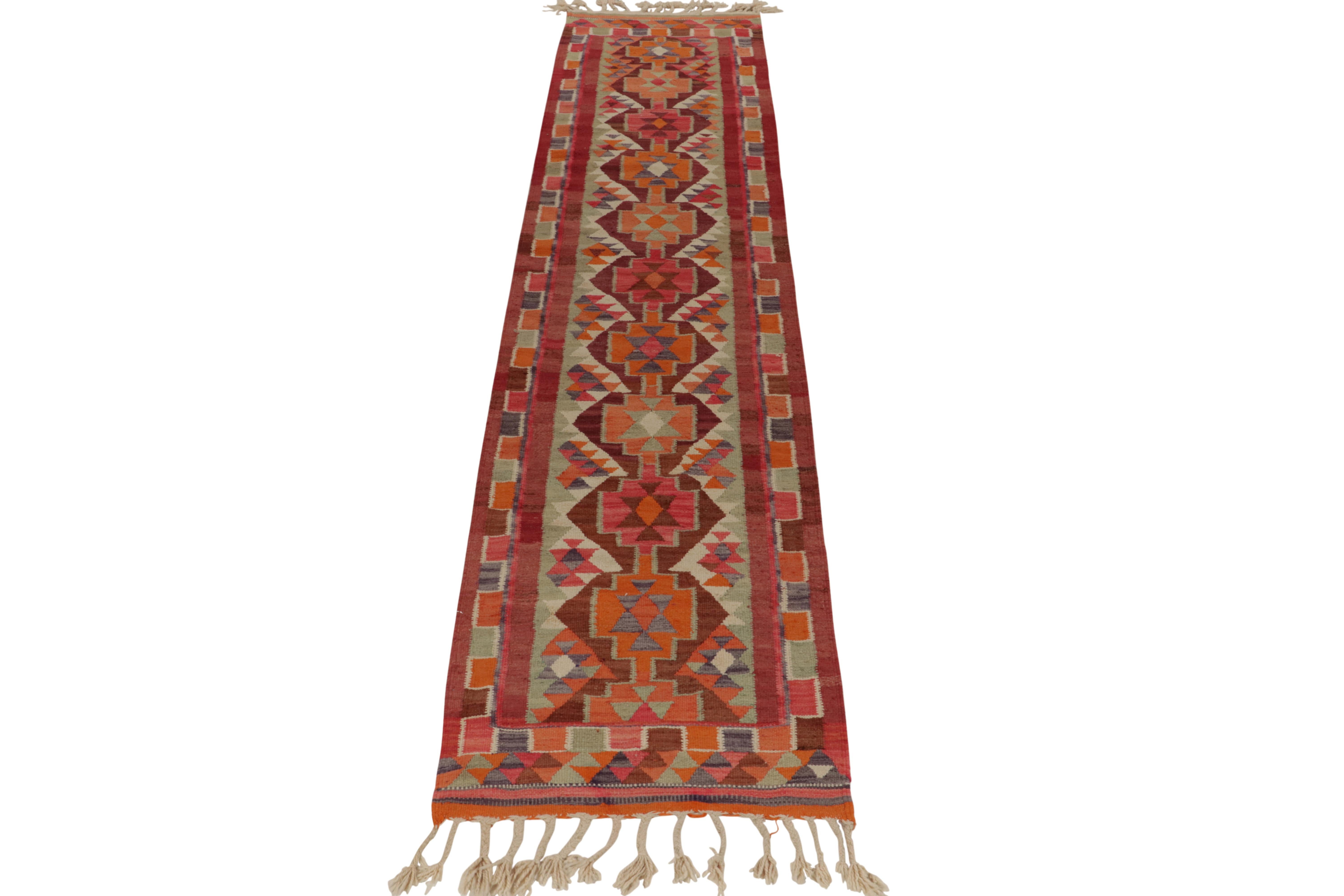 Turkish Vintage Tribal Kilim Runner in Red Orange and Geometric Pattern by Rug & Kilim For Sale