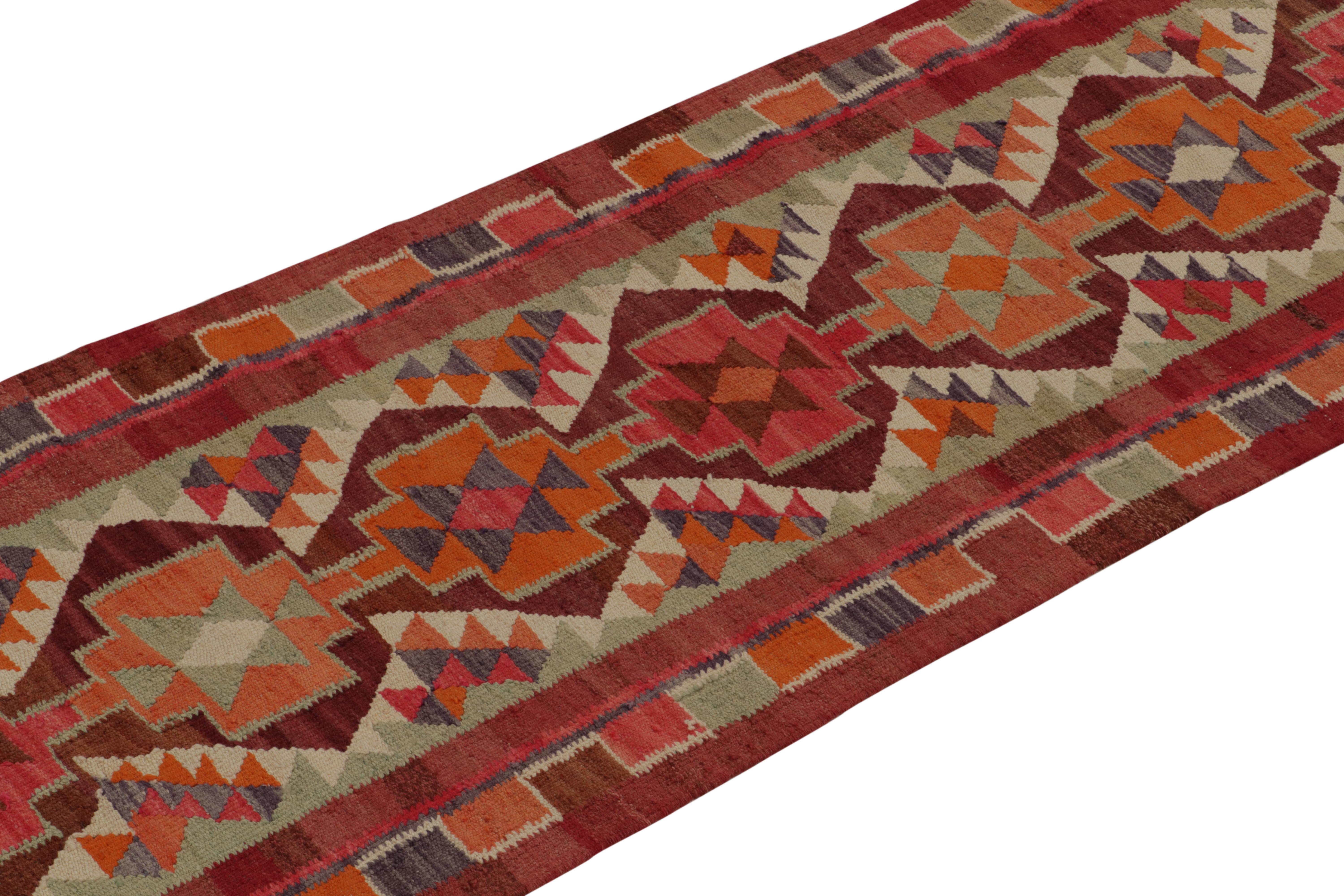 Hand-Knotted Vintage Tribal Kilim Runner in Red Orange and Geometric Pattern by Rug & Kilim For Sale