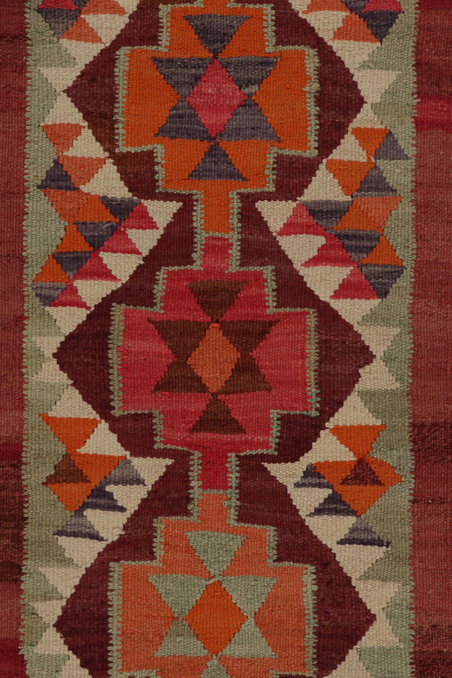 Mid-20th Century Vintage Tribal Kilim Runner in Red Orange and Geometric Pattern by Rug & Kilim For Sale