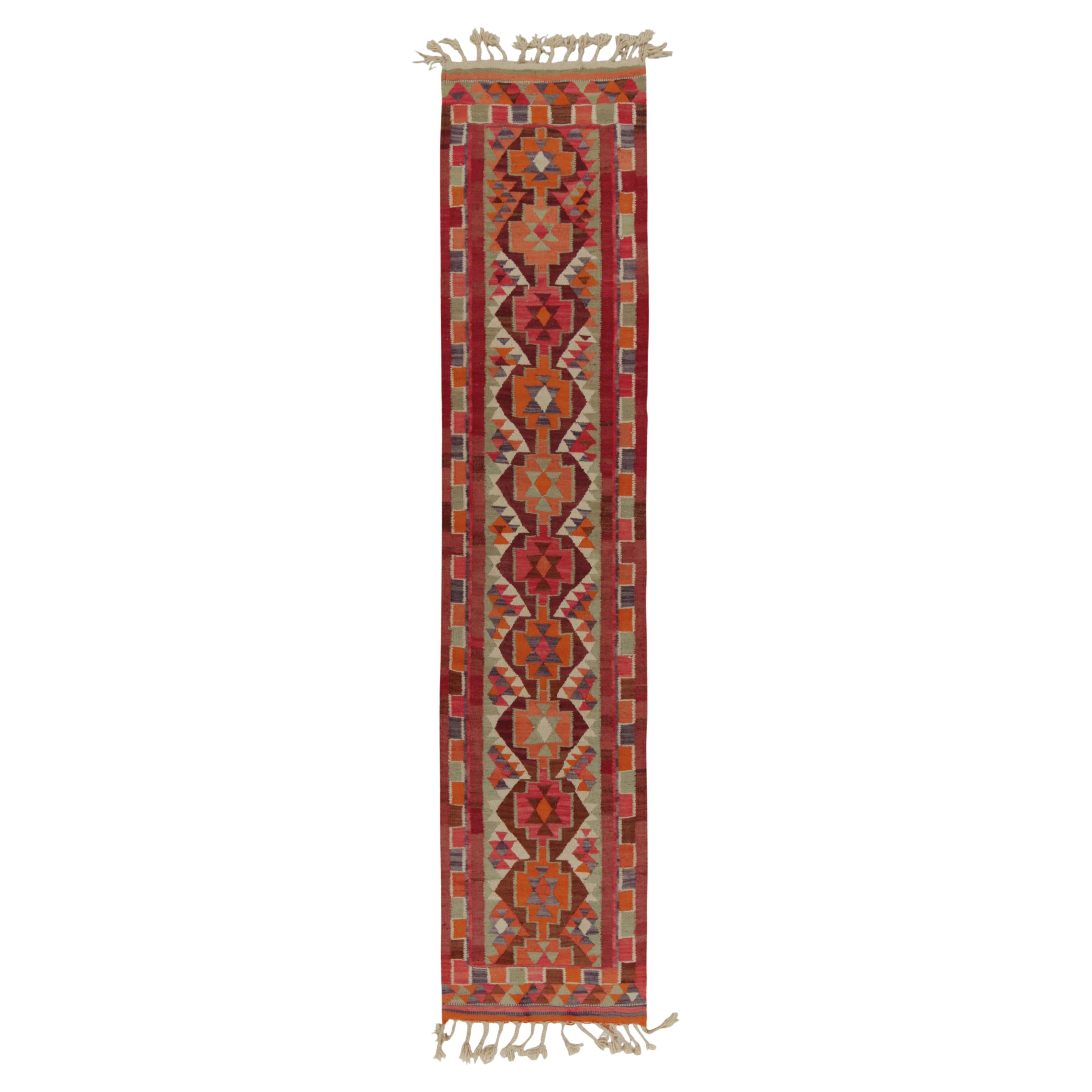 Vintage Tribal Kilim Runner in Red Orange and Geometric Pattern by Rug & Kilim For Sale