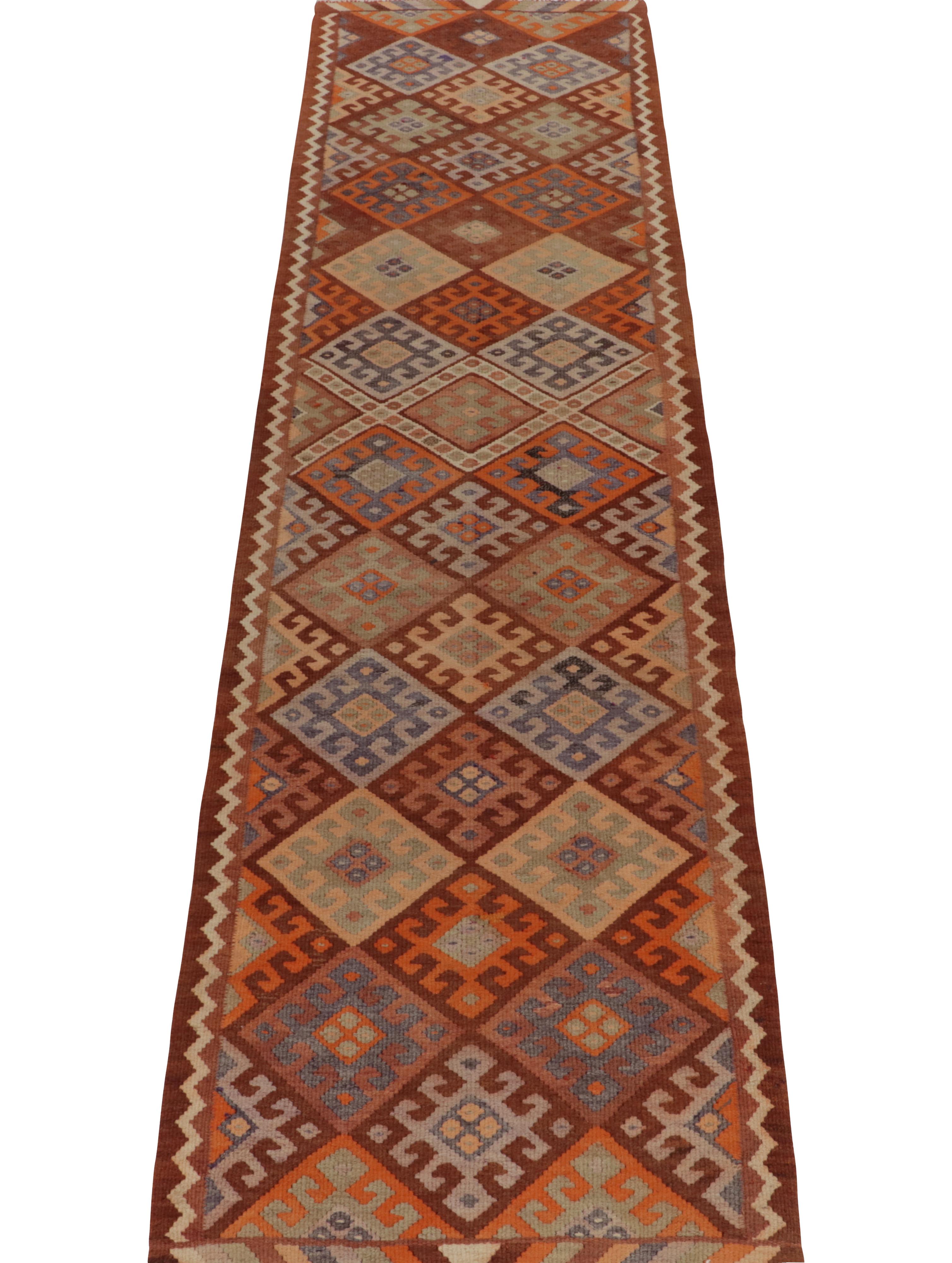 Turkish Vintage Tribal Kilim Runner in Rust Brown Geometric Pattern by Rug & Kilim For Sale