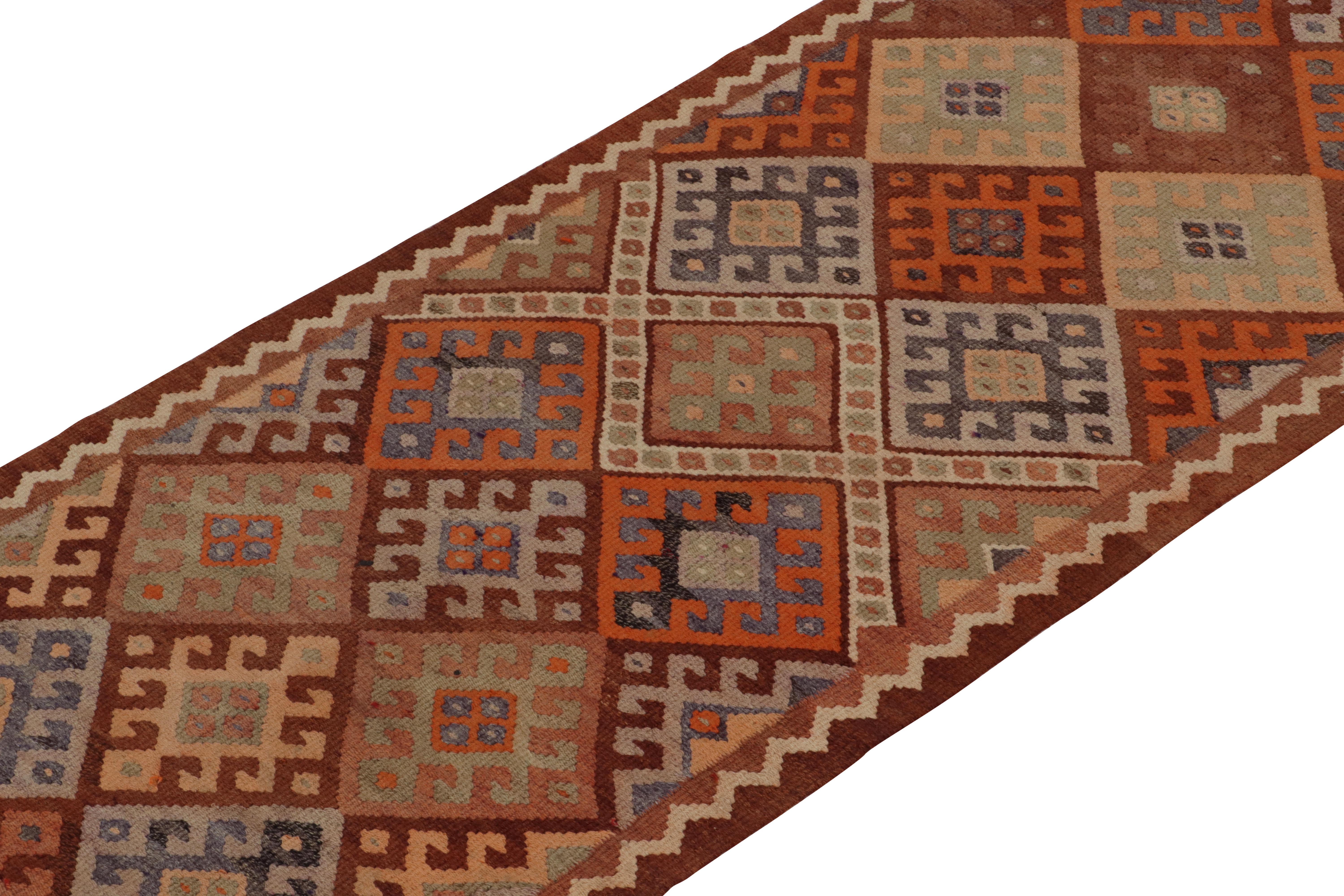 Hand-Knotted Vintage Tribal Kilim Runner in Rust Brown Geometric Pattern by Rug & Kilim For Sale