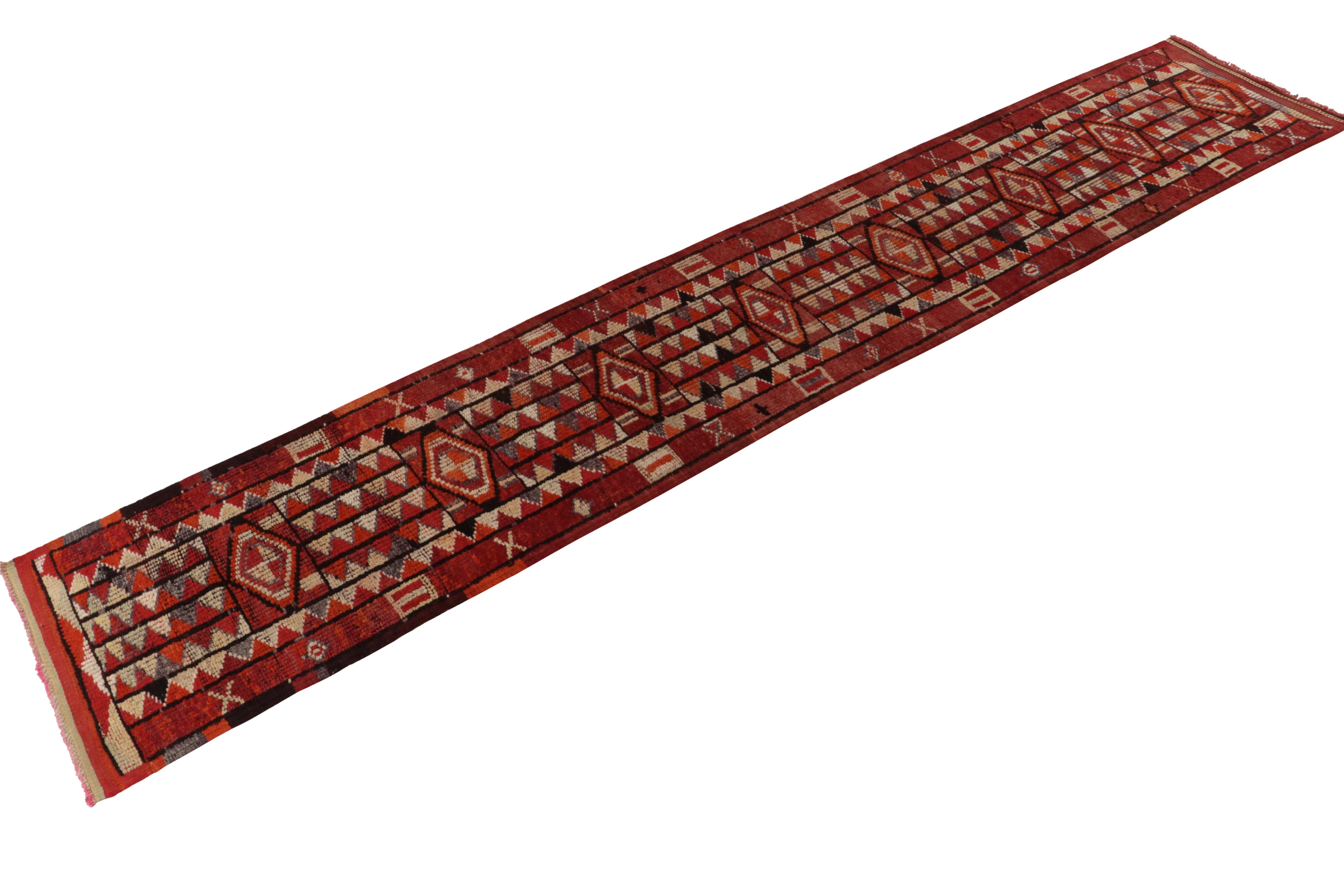 From Rug & Kilim’s rare curation of pieces in this size, a 3x16 vintage tribal kilim runner finely woven in a brilliant blend of yarns. 

This vivid, unusual use of traditional elements achieves the most lively sense of movement in a