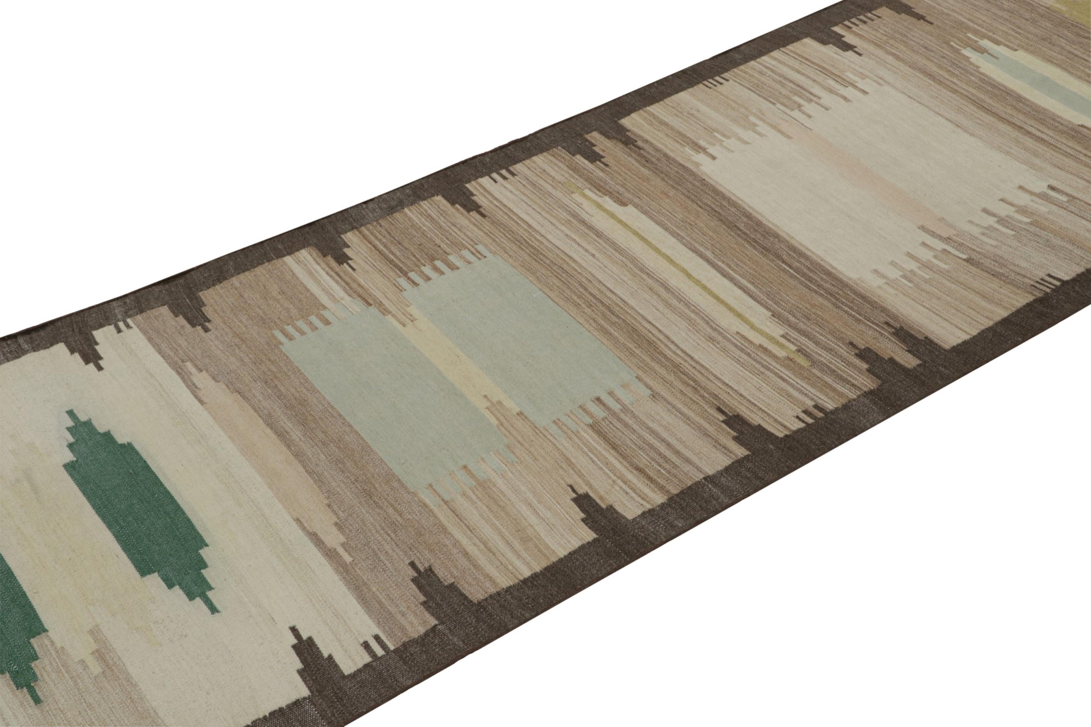 Hand-Woven Vintage Tribal Kilim runner rug in Brown and Blue Patterns by Rug & Kilim For Sale