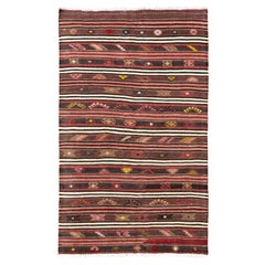 Kilim tribale vintage con strisce e simboli multicolore