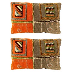 Vintage Tribal Kilim Wool Handmade Cushions in Orange and Gray, a Pair