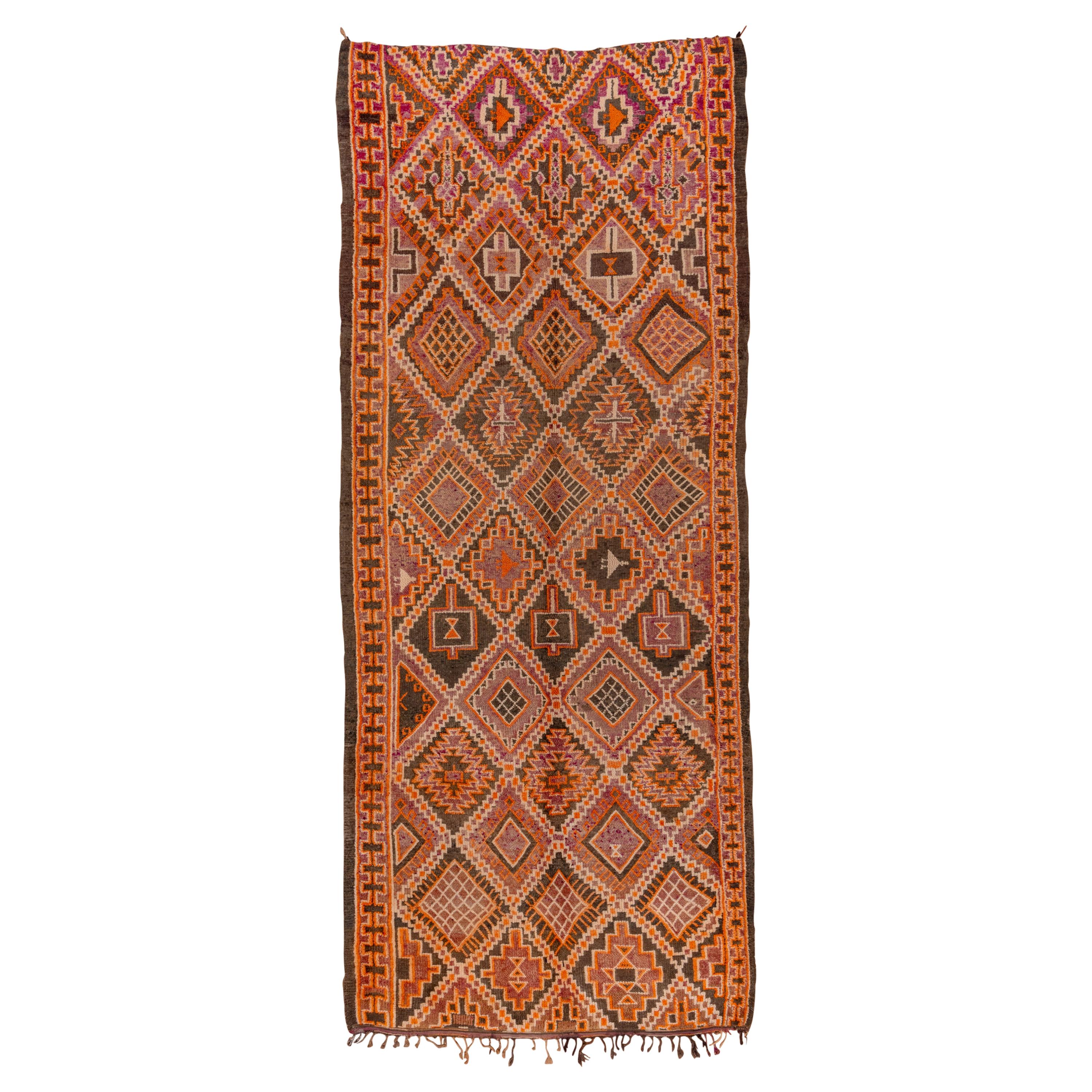 Vintage Tribal Moroccan Azilal Gallery Carpet, Orange Brown and Purple Tones For Sale