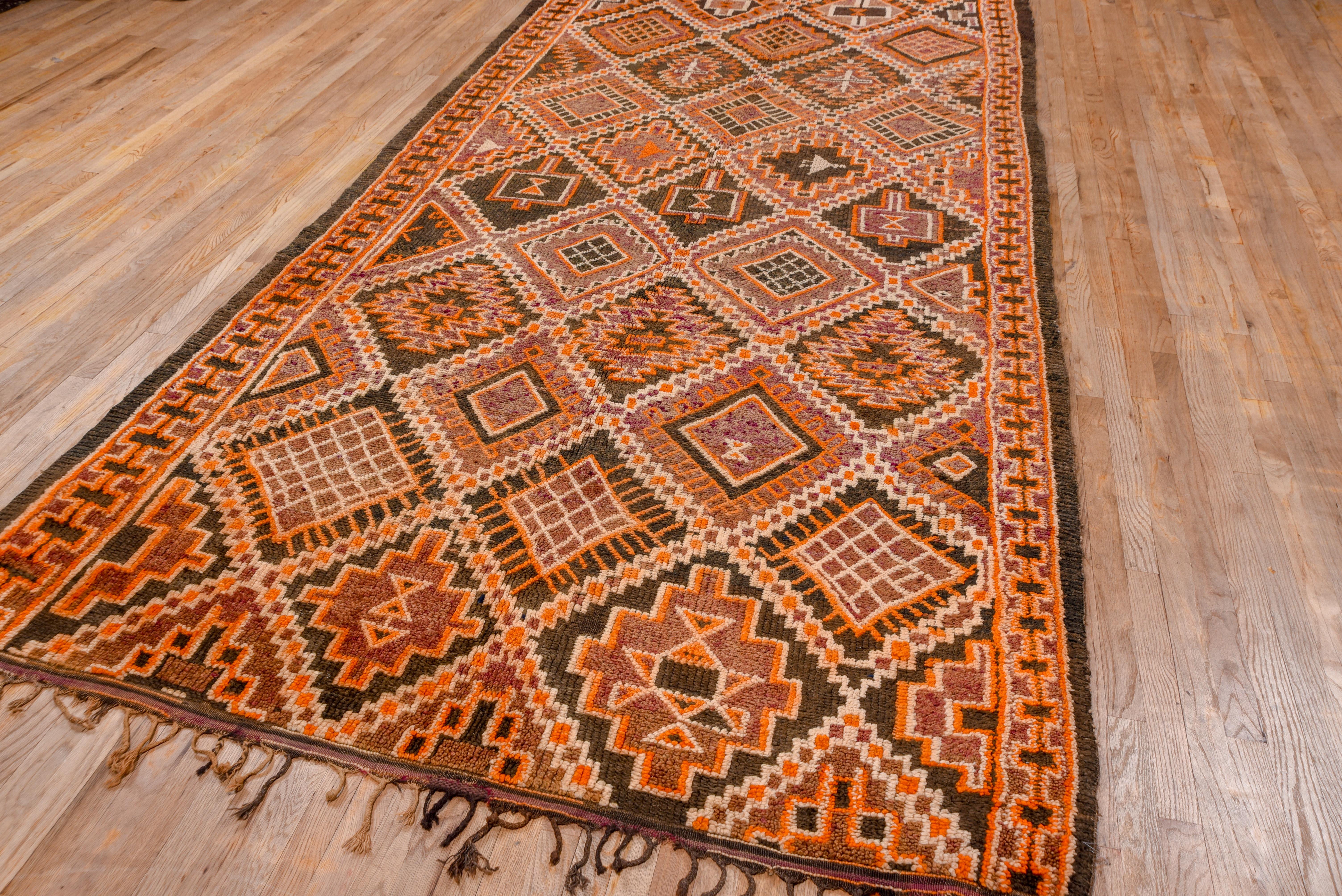 Mid-20th Century Vintage Tribal Moroccan Azilal Gallery Carpet, Orange Brown and Purple Tones For Sale