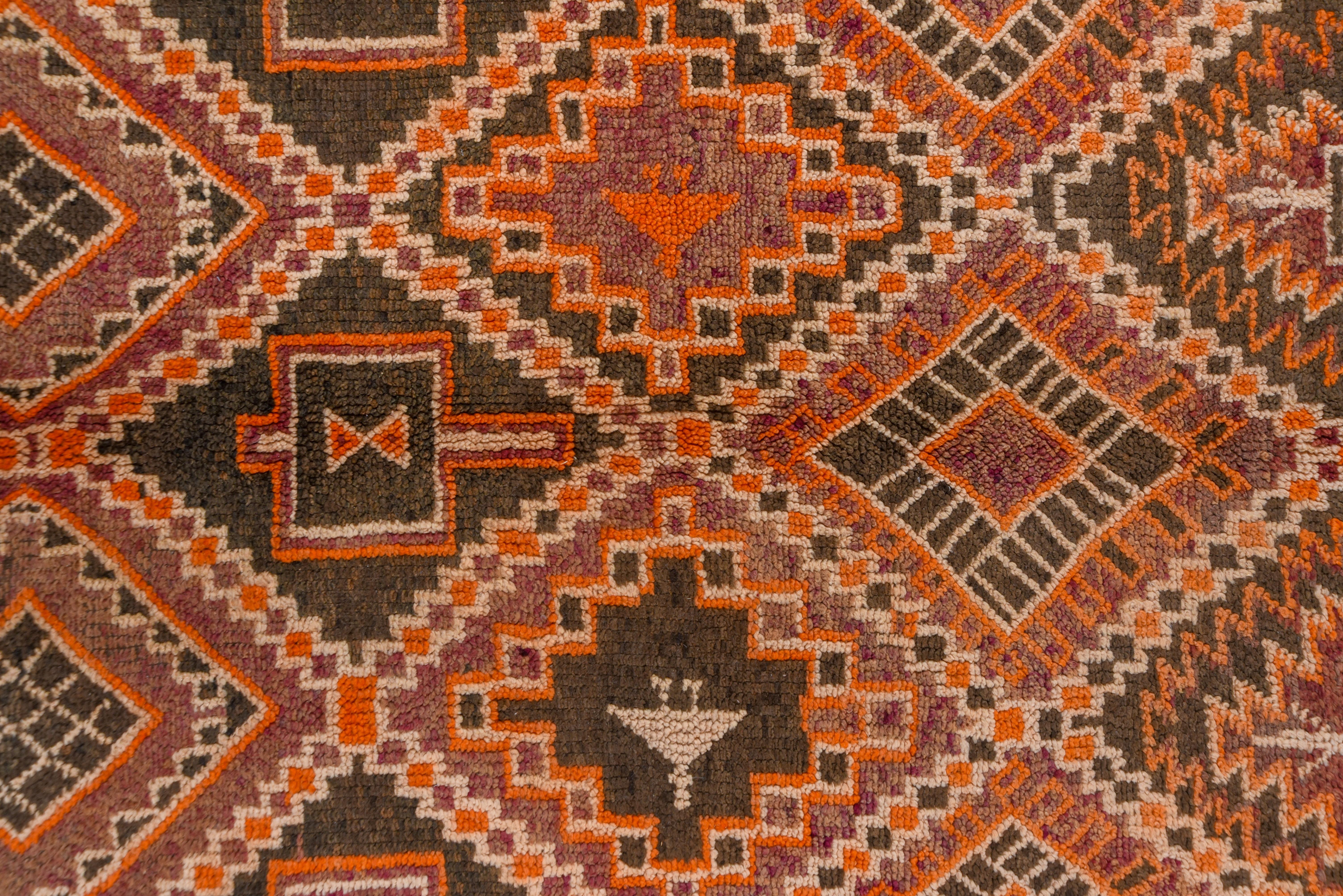 Wool Vintage Tribal Moroccan Azilal Gallery Carpet, Orange Brown and Purple Tones For Sale