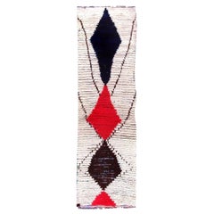 Vintage Tribal Moroccan Geometric Design White, Red, Blue, Black Wool Rug