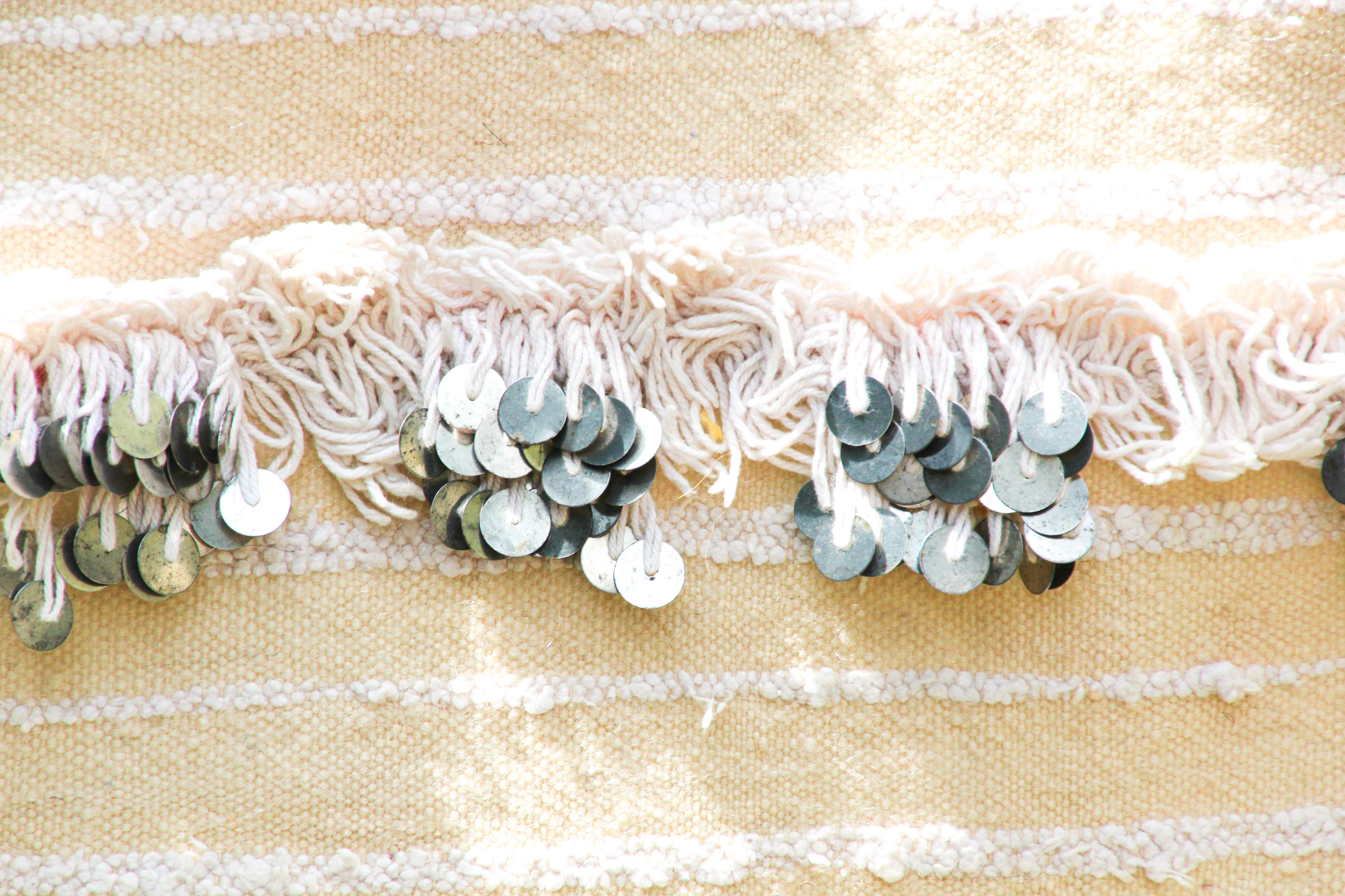 20th Century 1960s Vintage Moroccan Textile Handcrafted Wedding Blanket Throw with Sequins For Sale