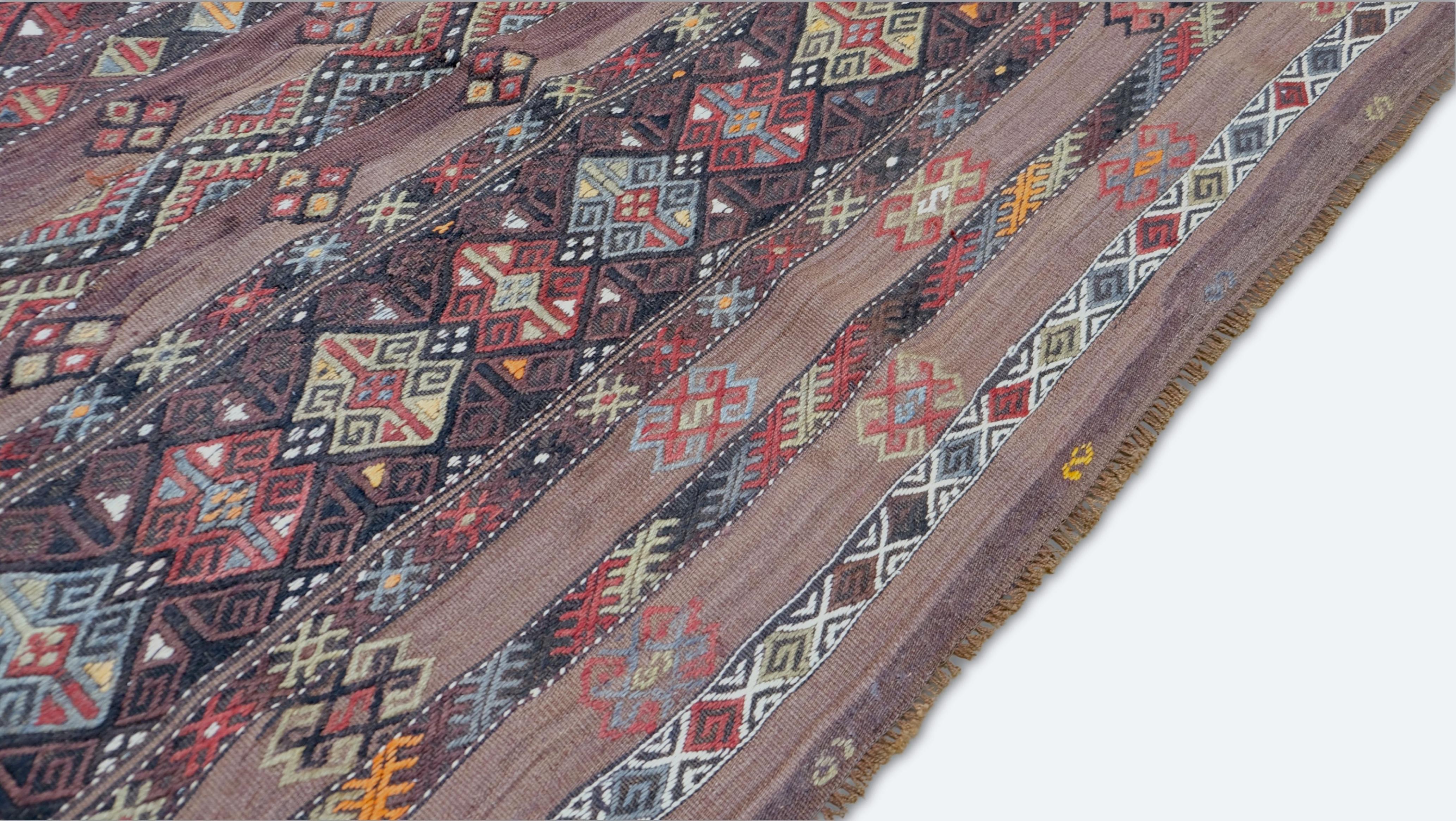 Folk Art Vintage Tribal Motif Earthy Plum Hand Woven Rug 6'8''x11'1'' For Sale
