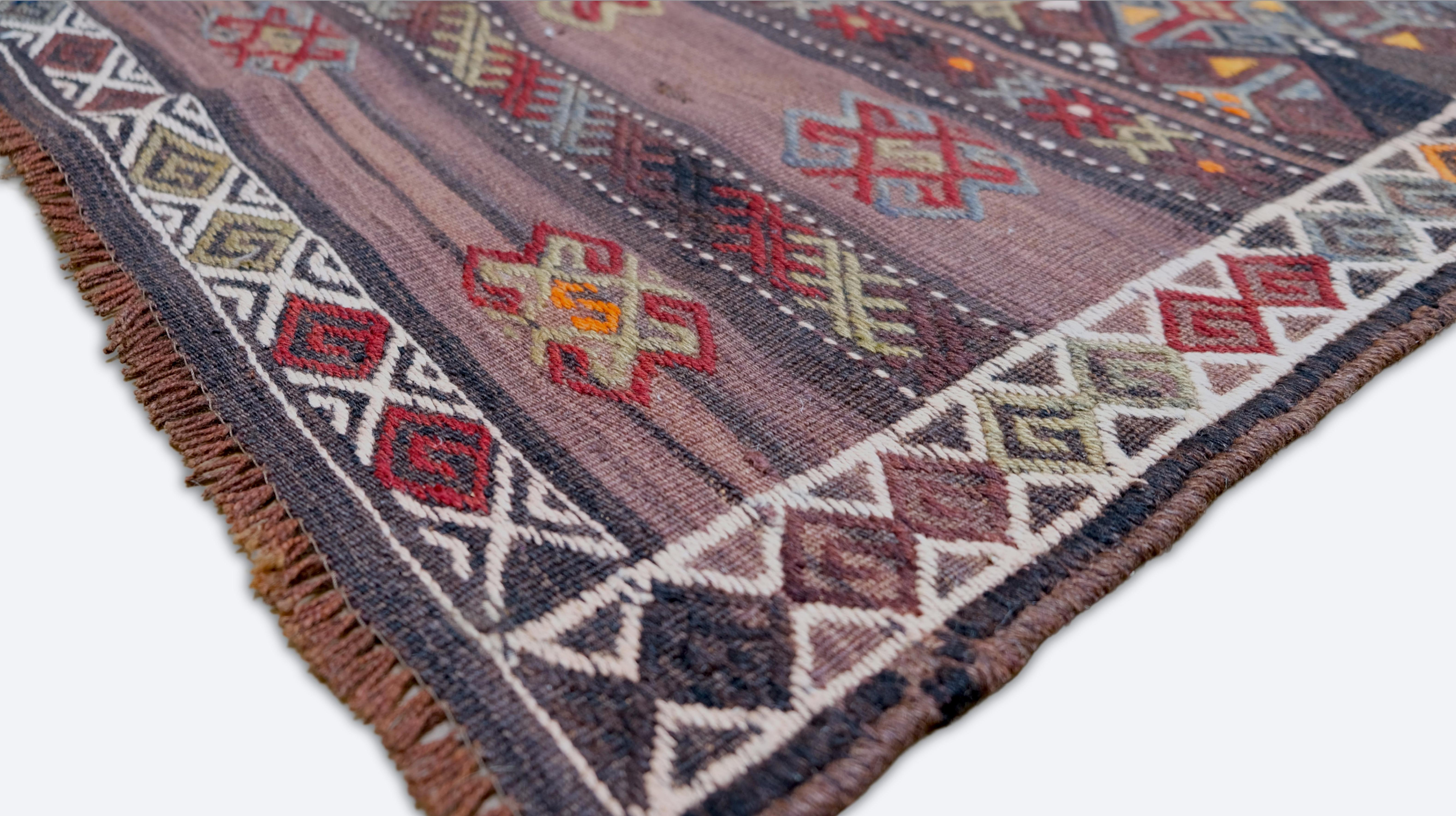 Hand-Woven Vintage Tribal Motif Earthy Plum Hand Woven Rug 6'8''x11'1'' For Sale