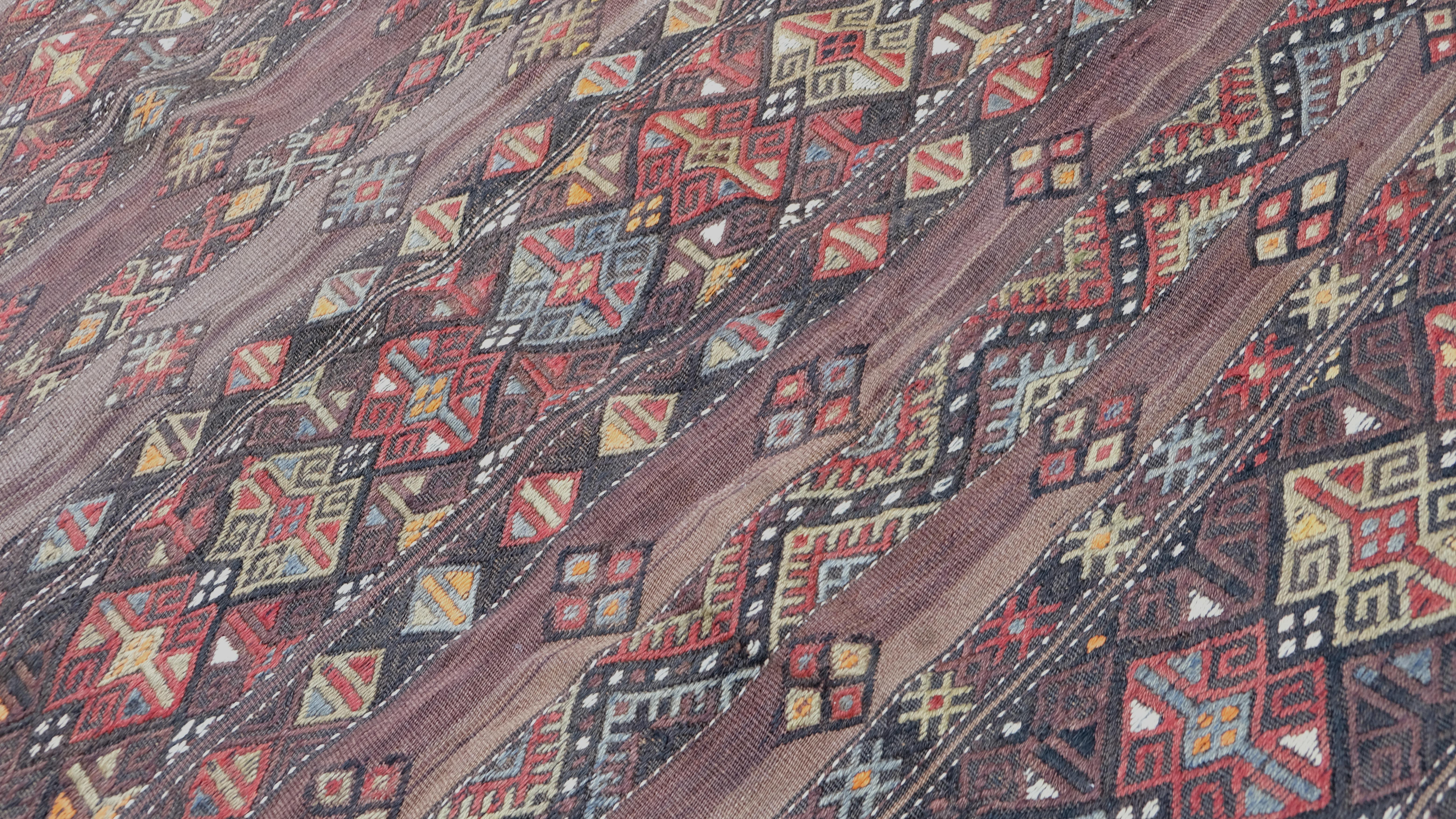 Vintage Tribal Motif Earthy Plum Hand Woven Rug 6'8''x11'1'' For Sale 1