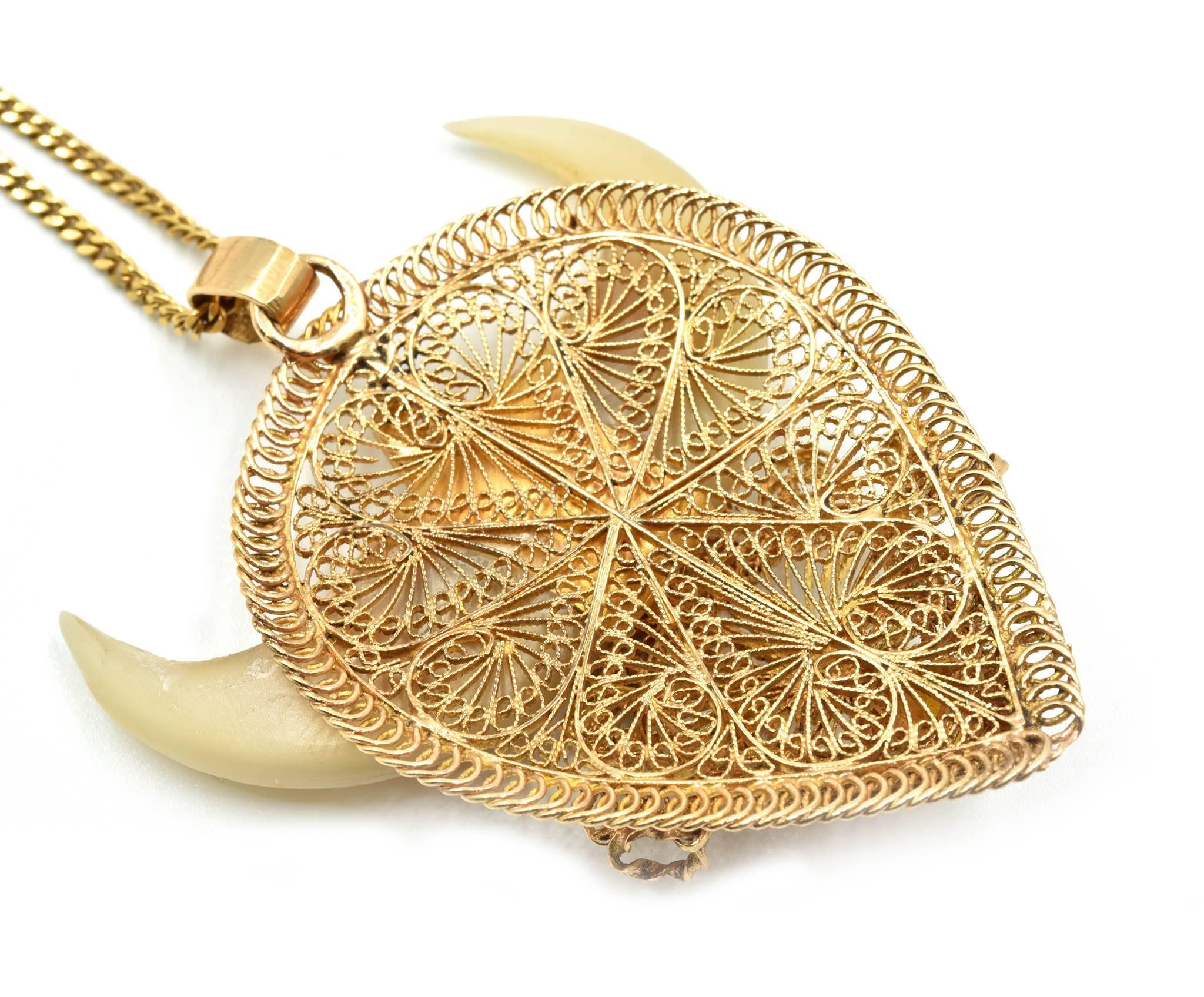 Women's or Men's Vintage Tribal Pendant Necklace 14 Karat Yellow Gold For Sale