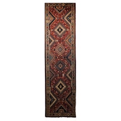 Antique Persian Shiraz Yalameh Runner in Allover Geometric Pattern in Red, Ivory