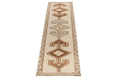 Vintage Tribal Rug in White & Beige-Brown Geometric Pattern, Pastel Accents