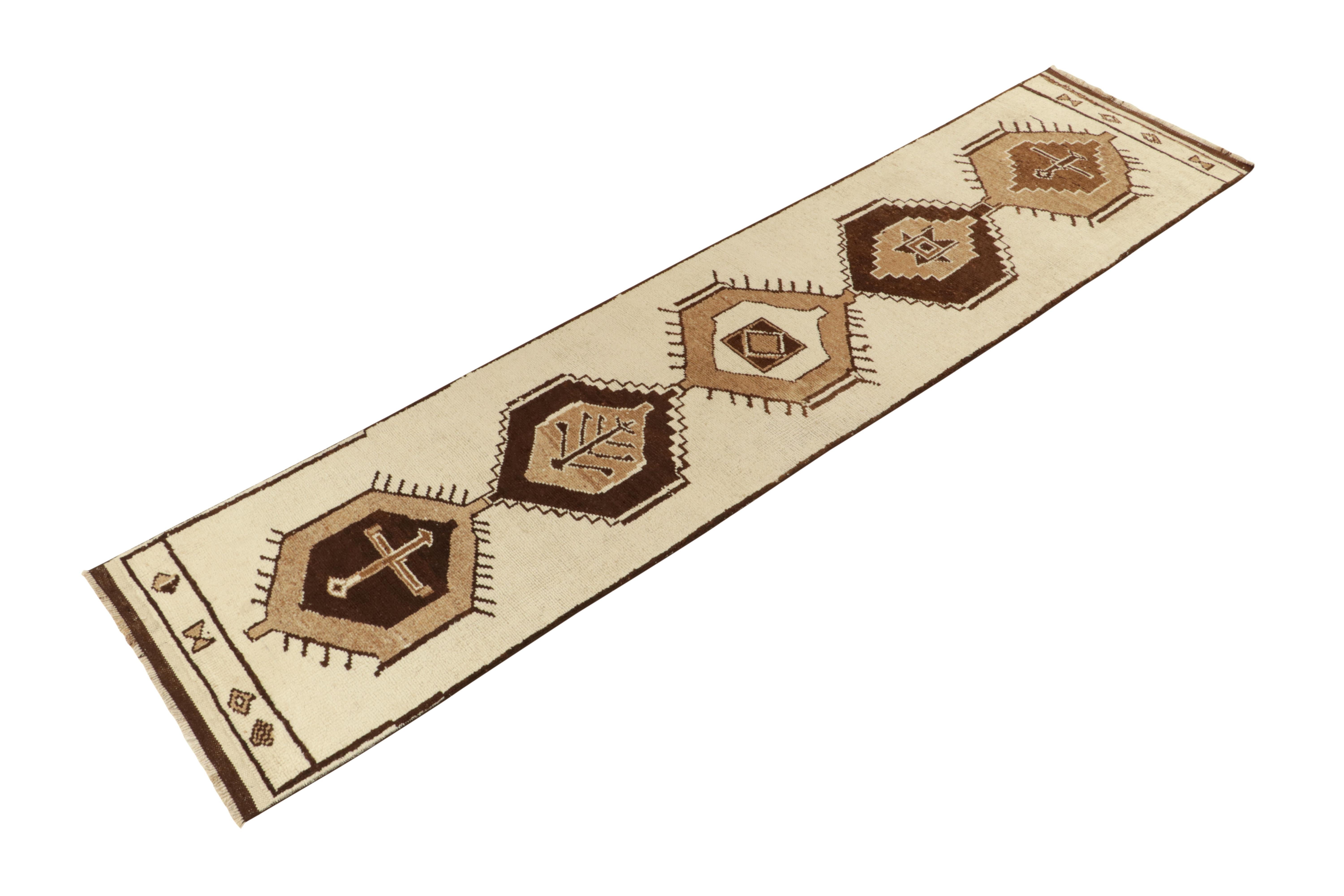 Turkish Vintage Tribal Runner in Beige and Brown Geometric Patterns, by Rug & Kilim For Sale