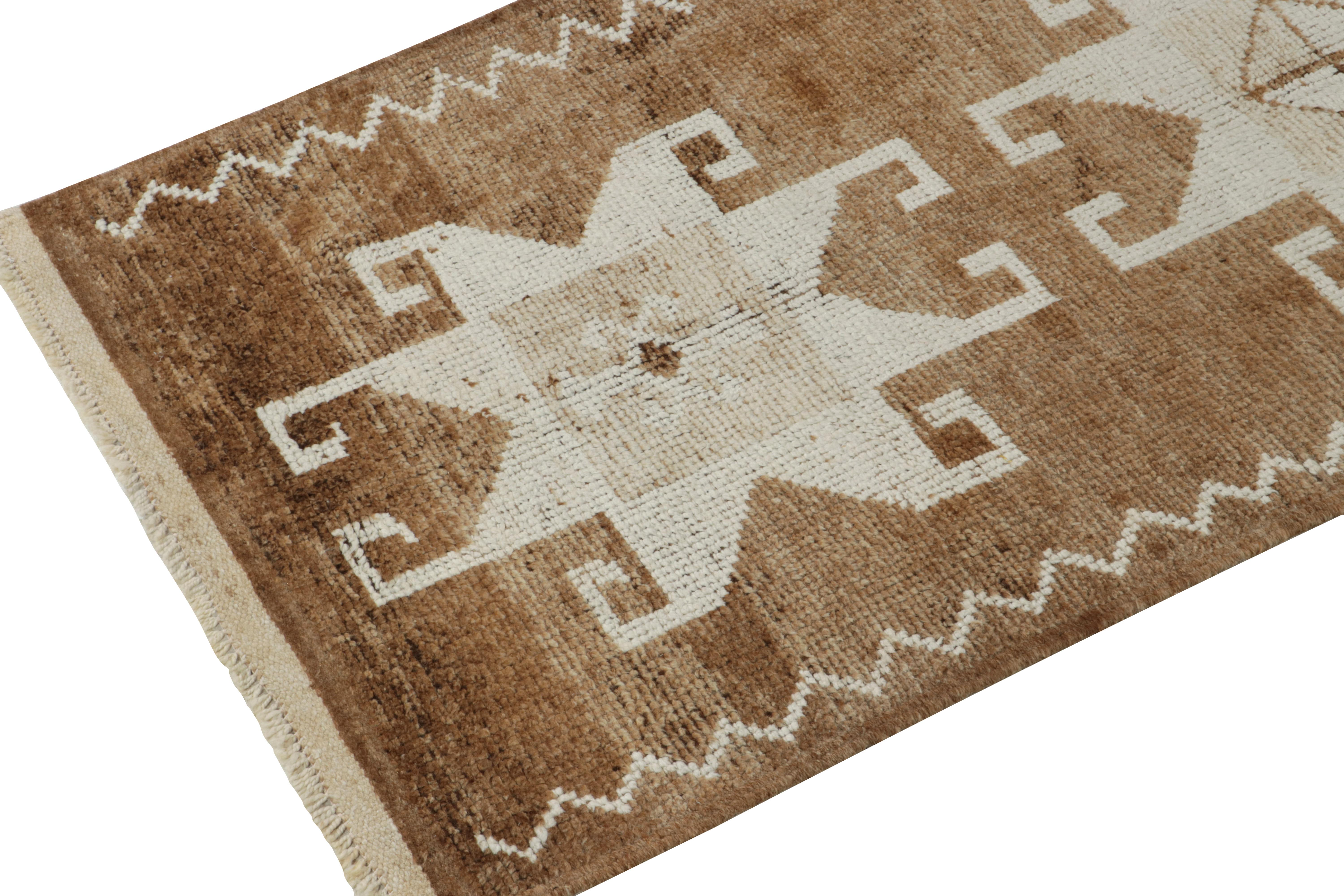 Hand-Knotted Vintage Tribal Runner in Beige-Brown and White Geometric Patterns by Rug & Kilim For Sale