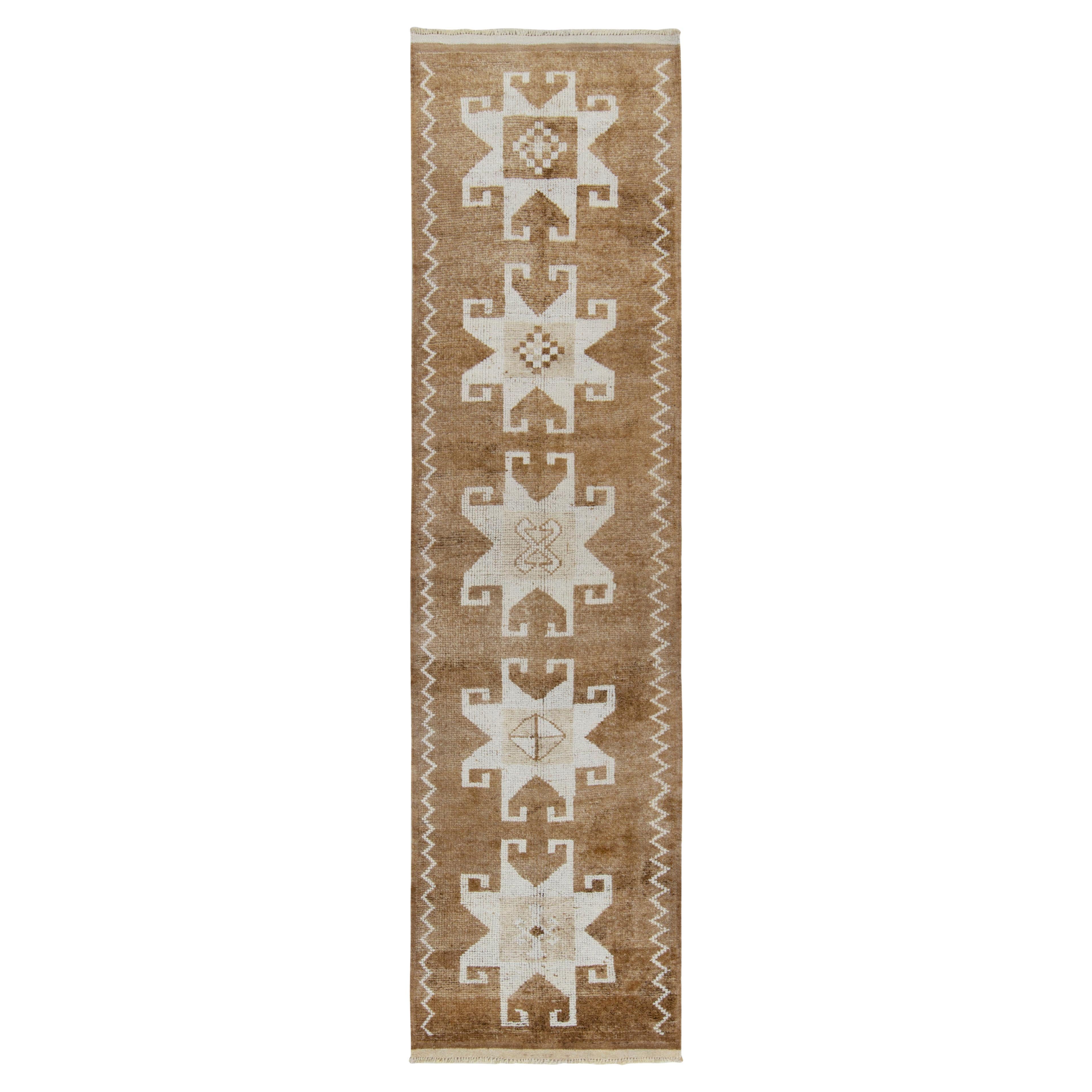 Vintage Tribal Runner in Beige-Brown and White Geometric Patterns by Rug & Kilim For Sale
