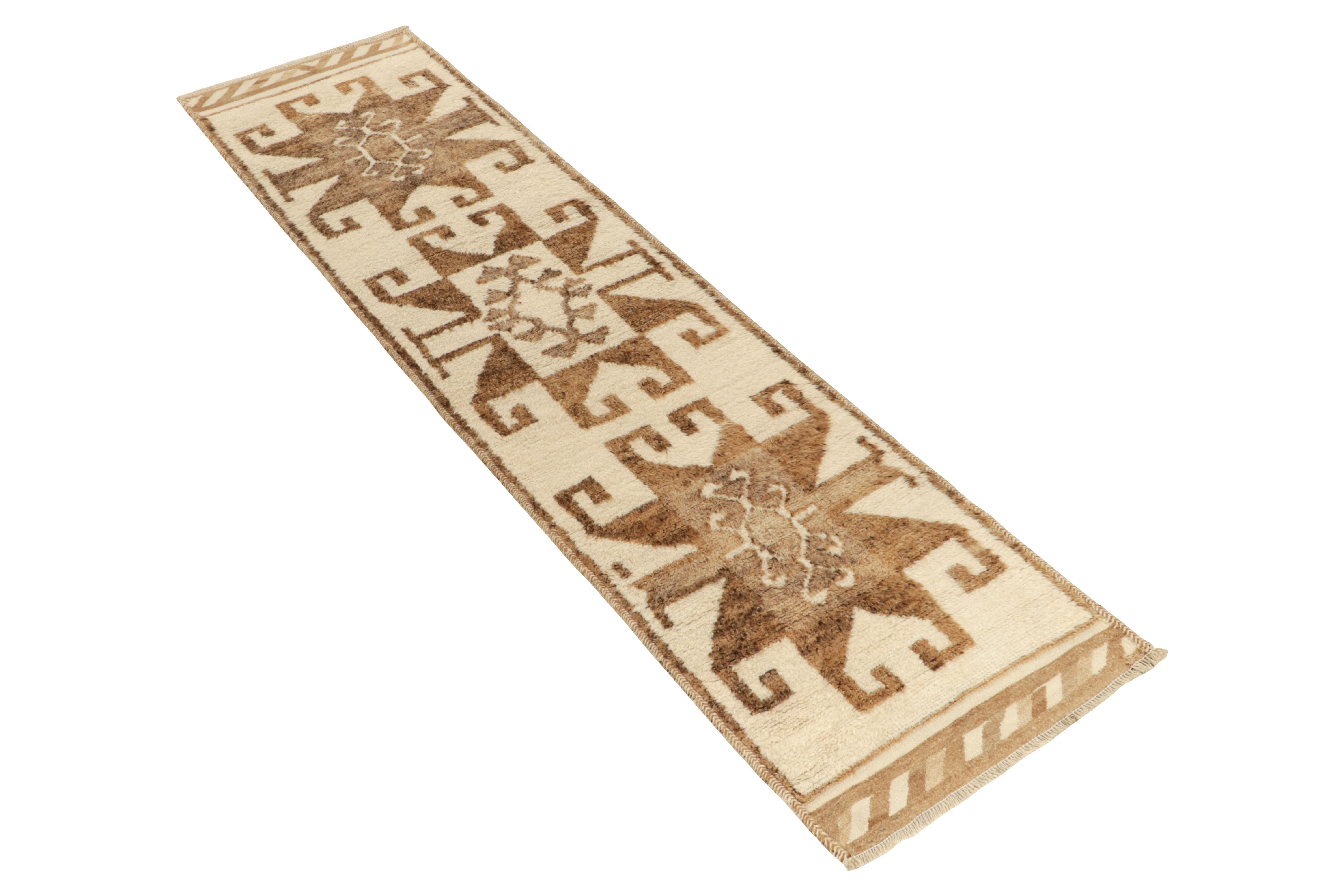 Turkish Vintage Tribal Runner in Beige-Brown Geometric Patterns, Style by Rug & Kilim For Sale