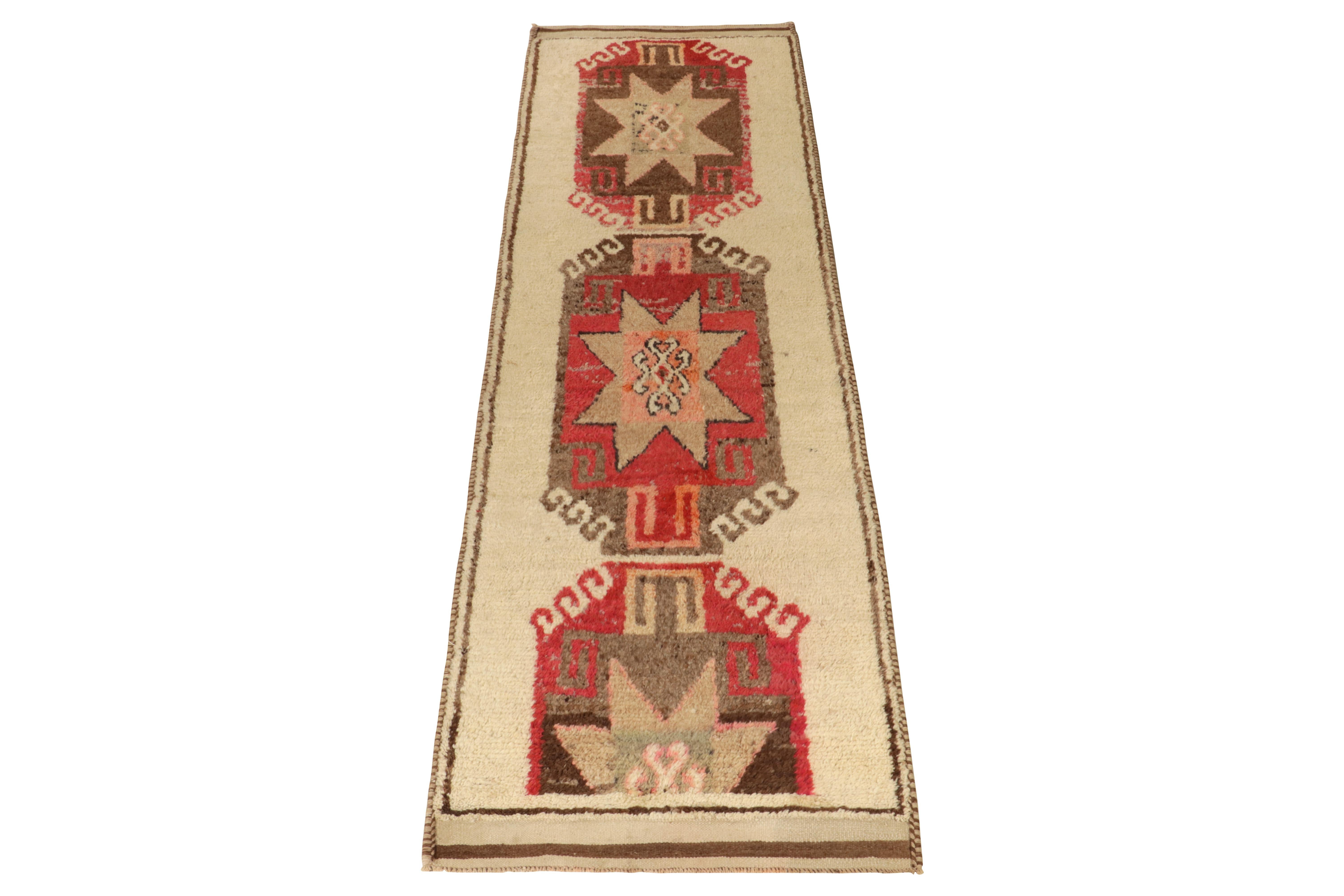 From Rug & Kilim’s vintage selections, a 3x11 hand-knotted wool runner uniquely marrying rich and forgiving hues in nomadic aesthetics.

This 1950s tribal piece from Turkey showcases traditional motifs like medallions on the field in creamy