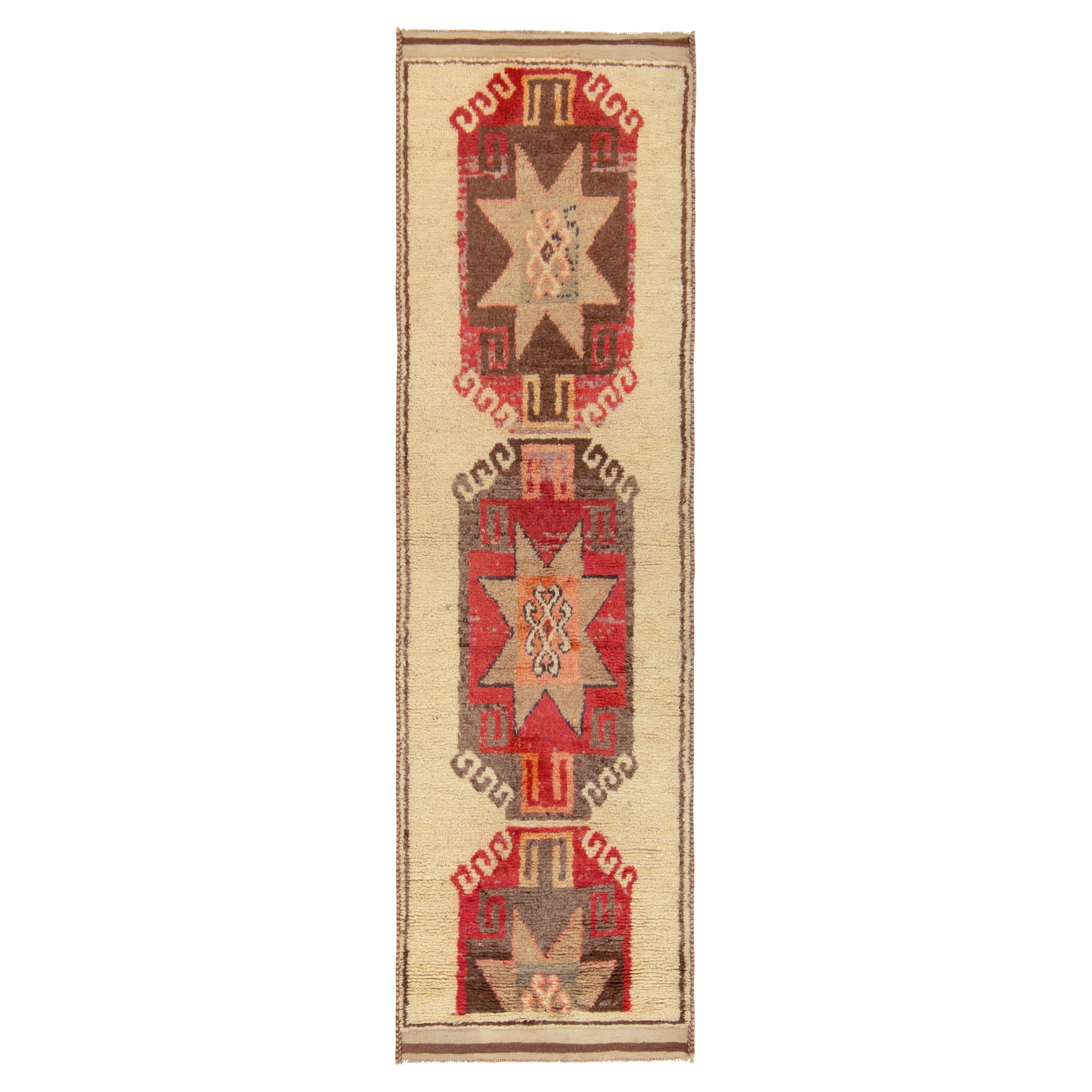 Vintage Tribal Runner in Beige-Brown, Red Medallion Patterns by Rug & Kilim For Sale