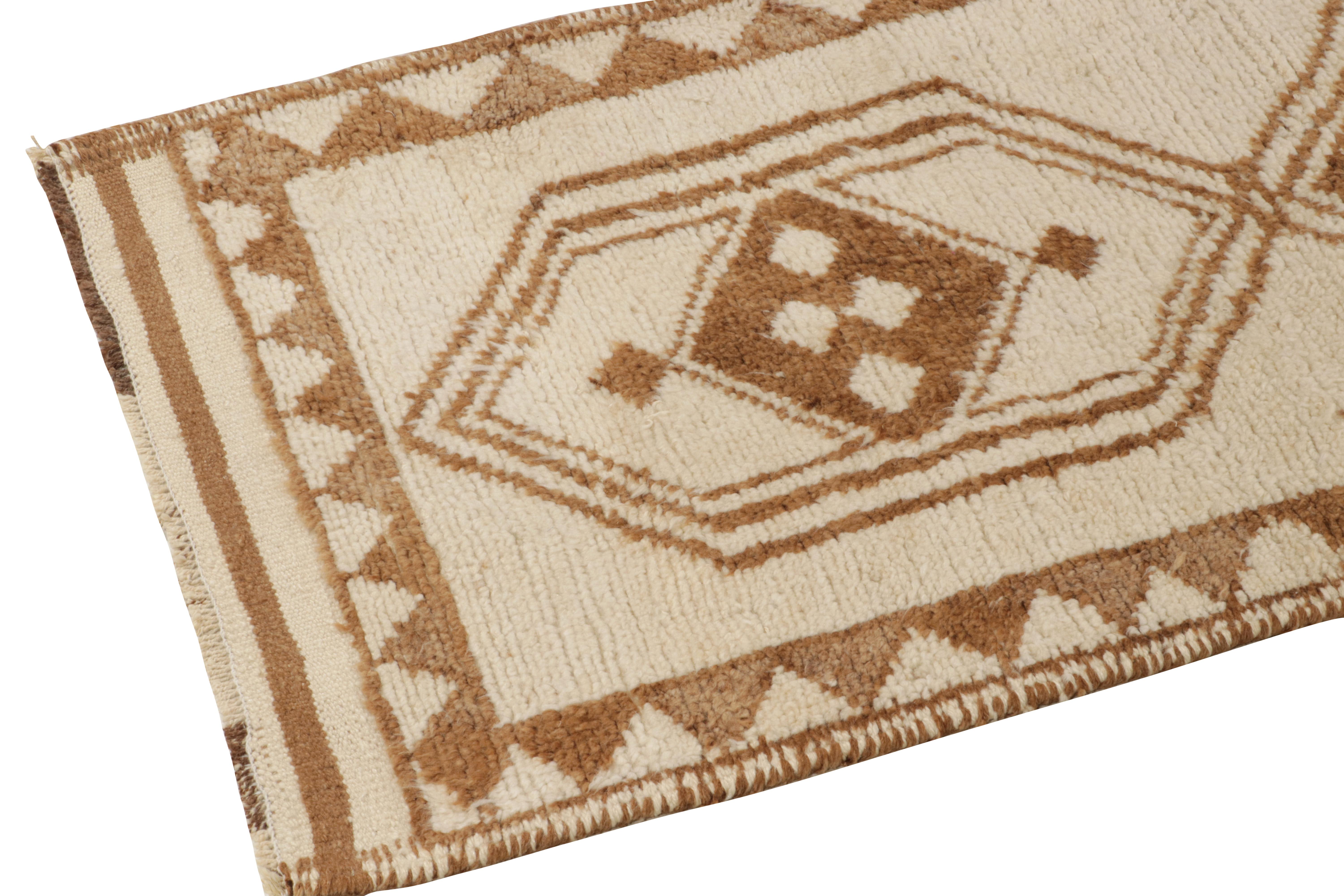 Hand-Knotted Vintage Tribal Runner in Off-White Beige-Brown Medallion Patterns by Rug & Kilim For Sale