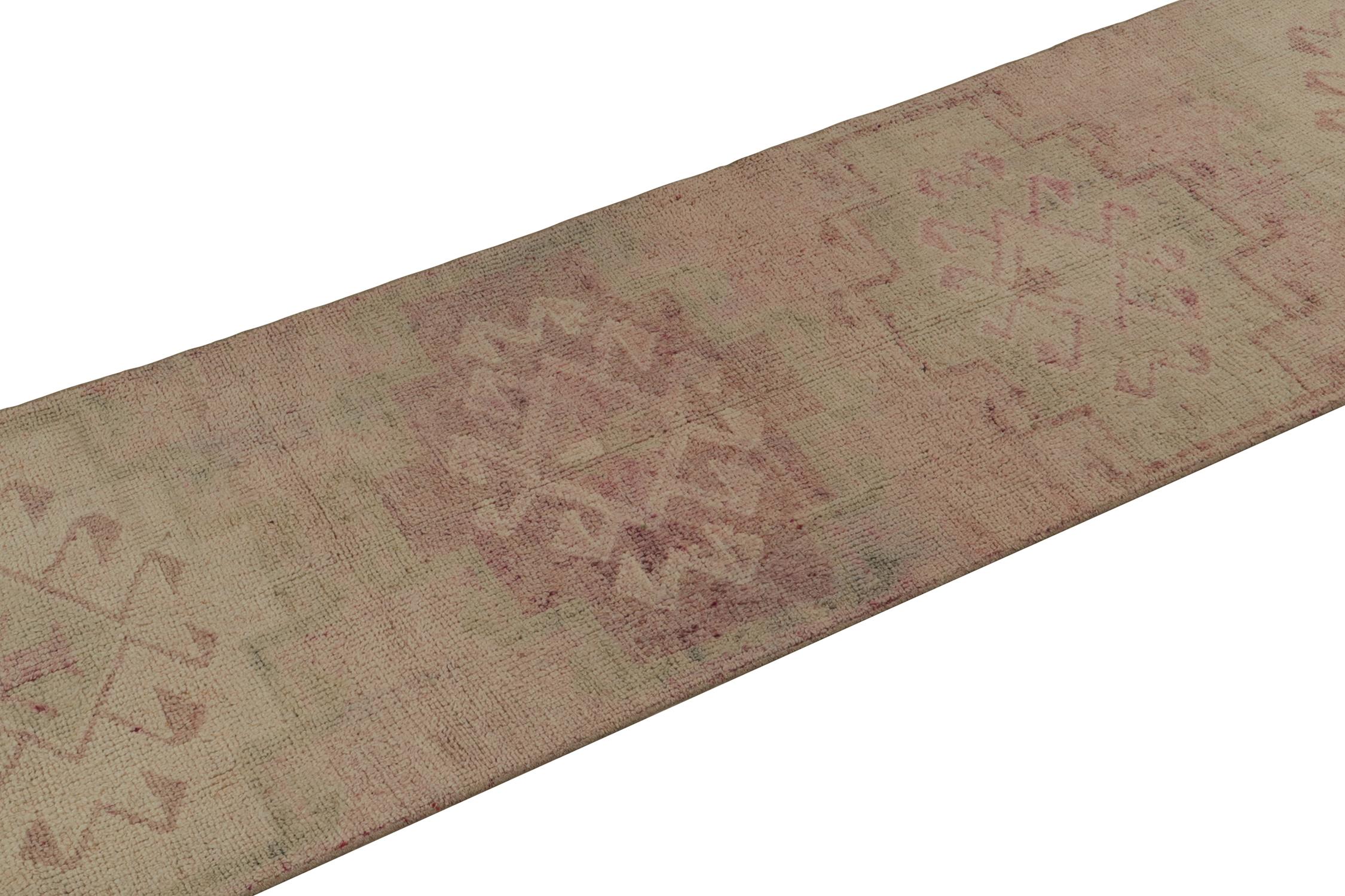 Hand-Knotted Vintage Tribal Runner in Pink Beige and Green Medallion Pattern by Rug & Kilim For Sale