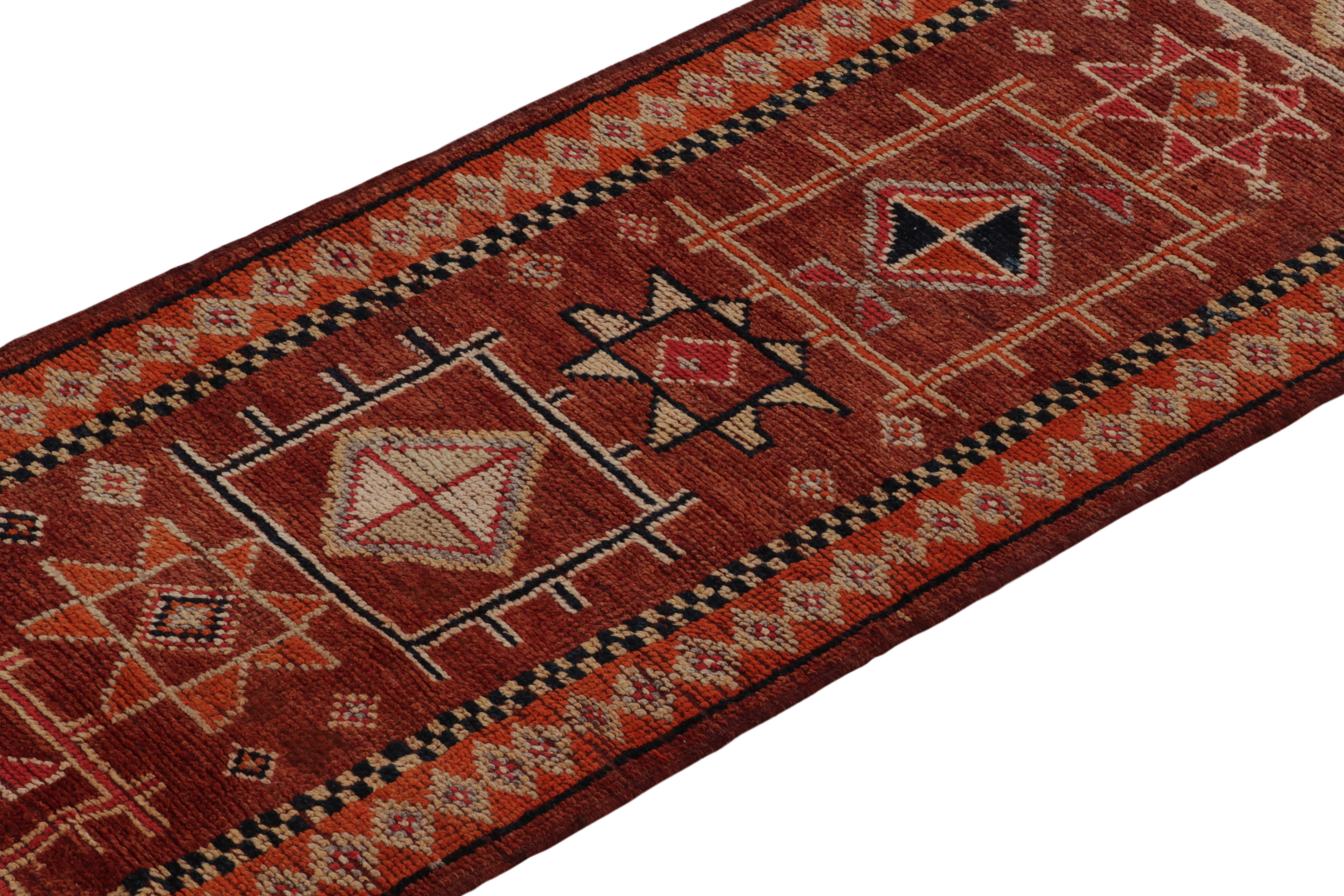 Hand-Knotted Vintage Tribal Runner in Red, Brown and Black Geometric Patterns by Rug & Kilim For Sale