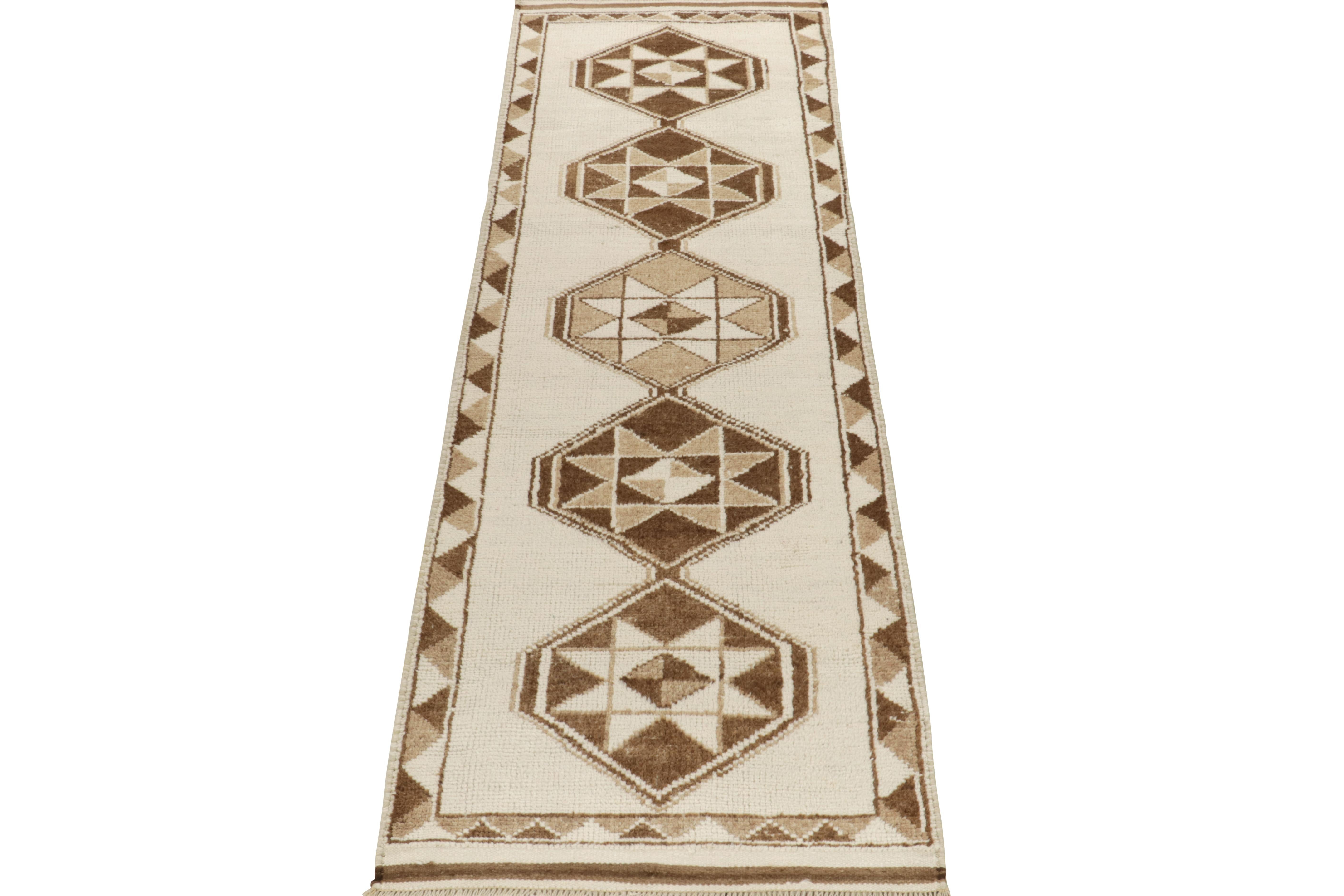 Turkish Vintage Tribal Runner in White & Beige-Brown Geometric Pattern, by Rug & Kilim