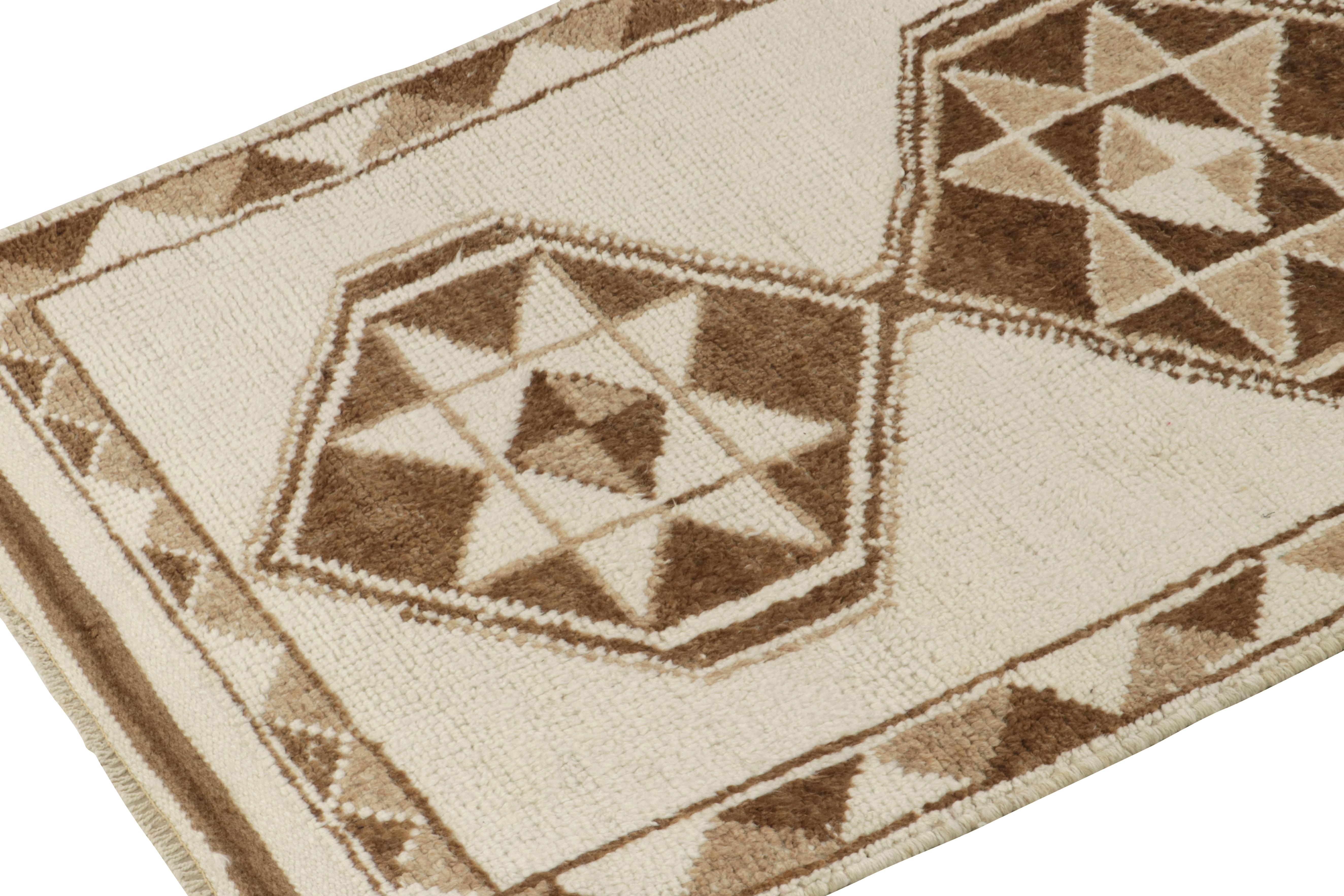 Hand-Knotted Vintage Tribal Runner in White & Beige-Brown Geometric Pattern, by Rug & Kilim
