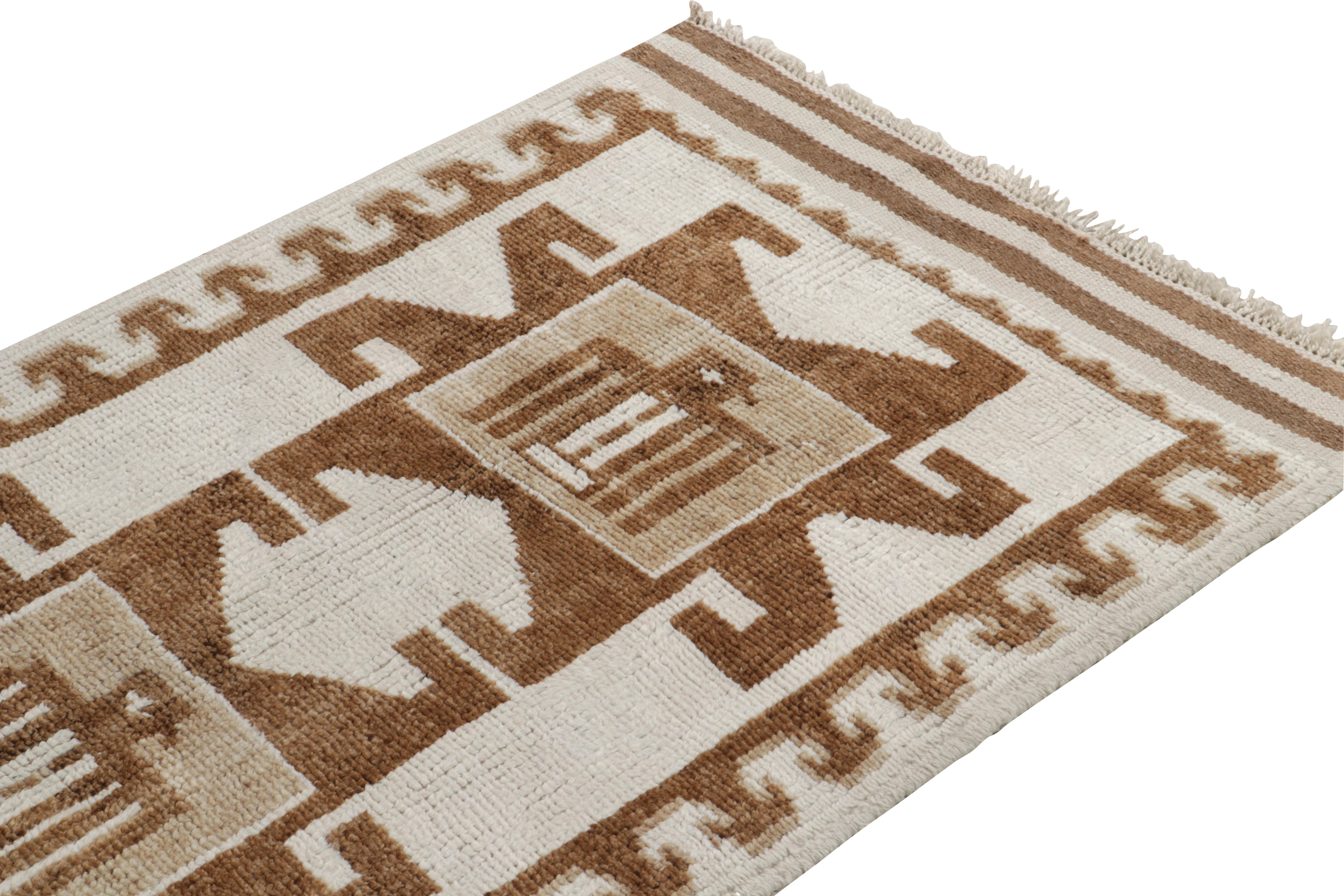 Hand-Knotted Vintage Tribal Runner in White & Beige-Brown Geometric Patterns by Rug & Kilim For Sale