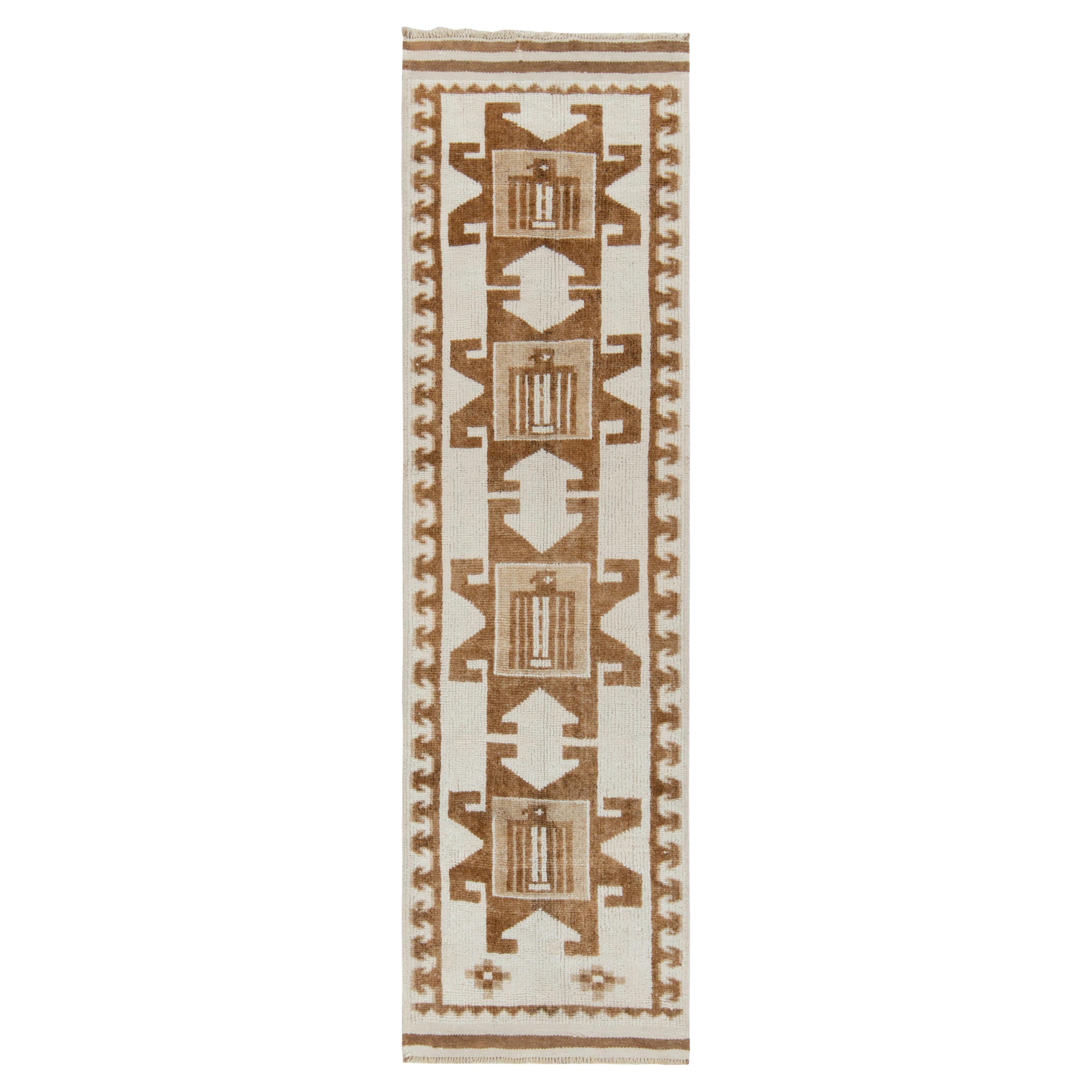 Vintage Tribal Runner in White & Beige-Brown Geometric Patterns by Rug & Kilim For Sale