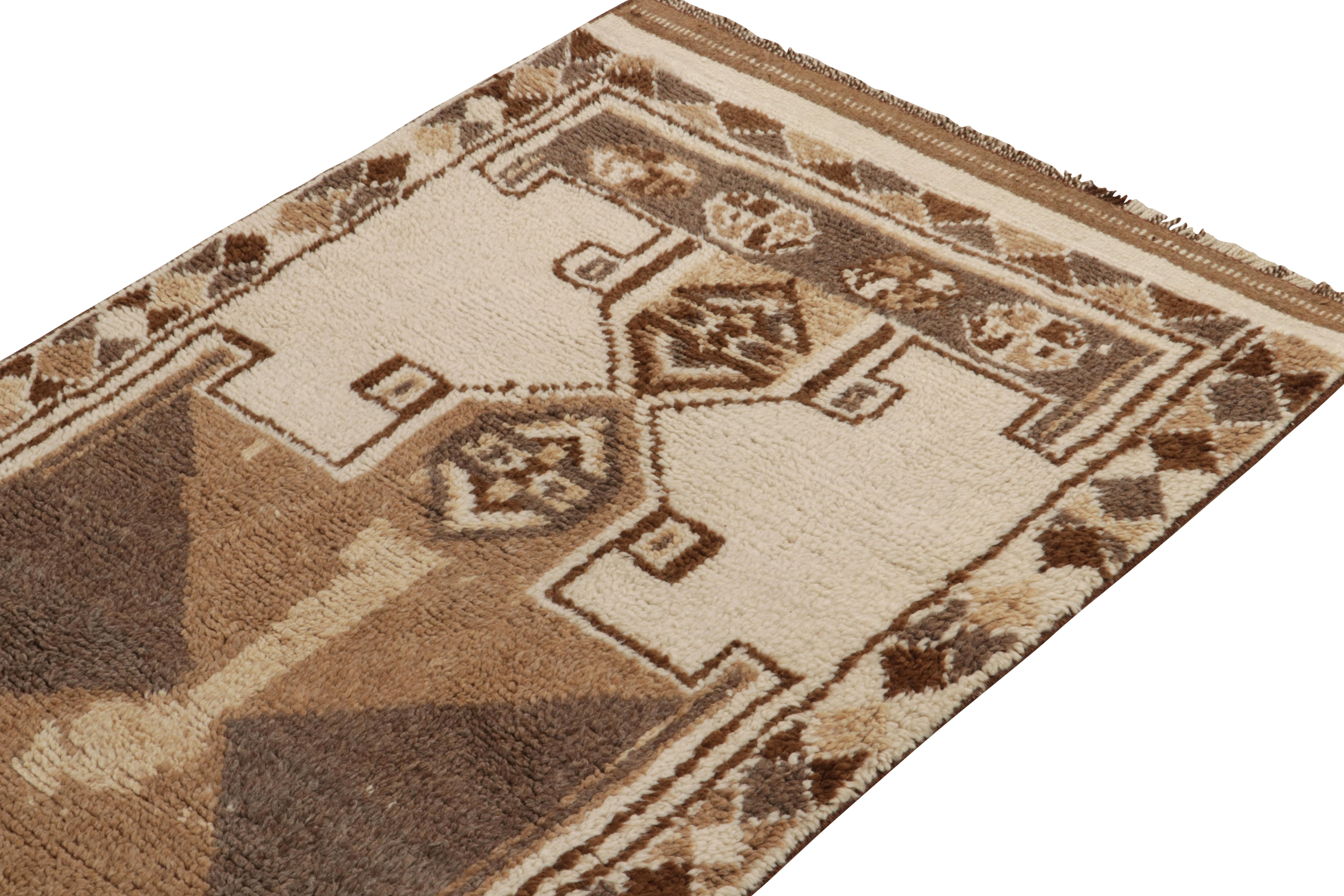 Hand-Knotted Vintage Tribal Runner in White & Beige-Brown Geometric Pattern, by Rug & Kilim For Sale