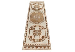 Vintage Tribal Runner in White & Beige-Brown Geometric Patterns by Rug & Kilim
