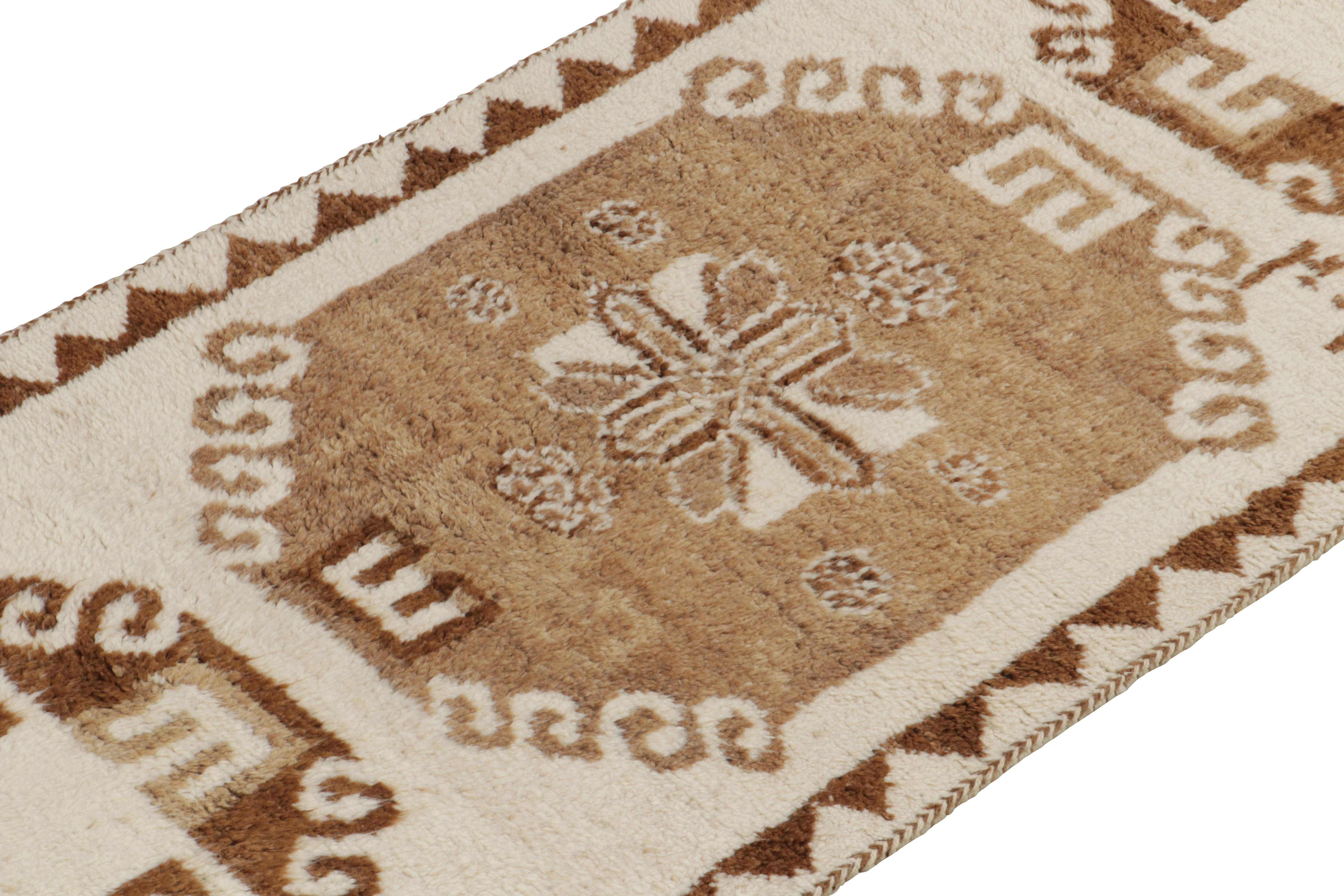 Hand-Knotted Vintage Tribal Runner in White & Beige-Brown Geometric Patterns by Rug & Kilim For Sale