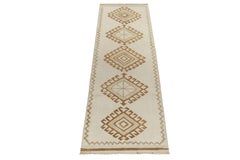 Vintage Tribal Runner in White & Beige-Brown Medallion Patterns by Rug & Kilim